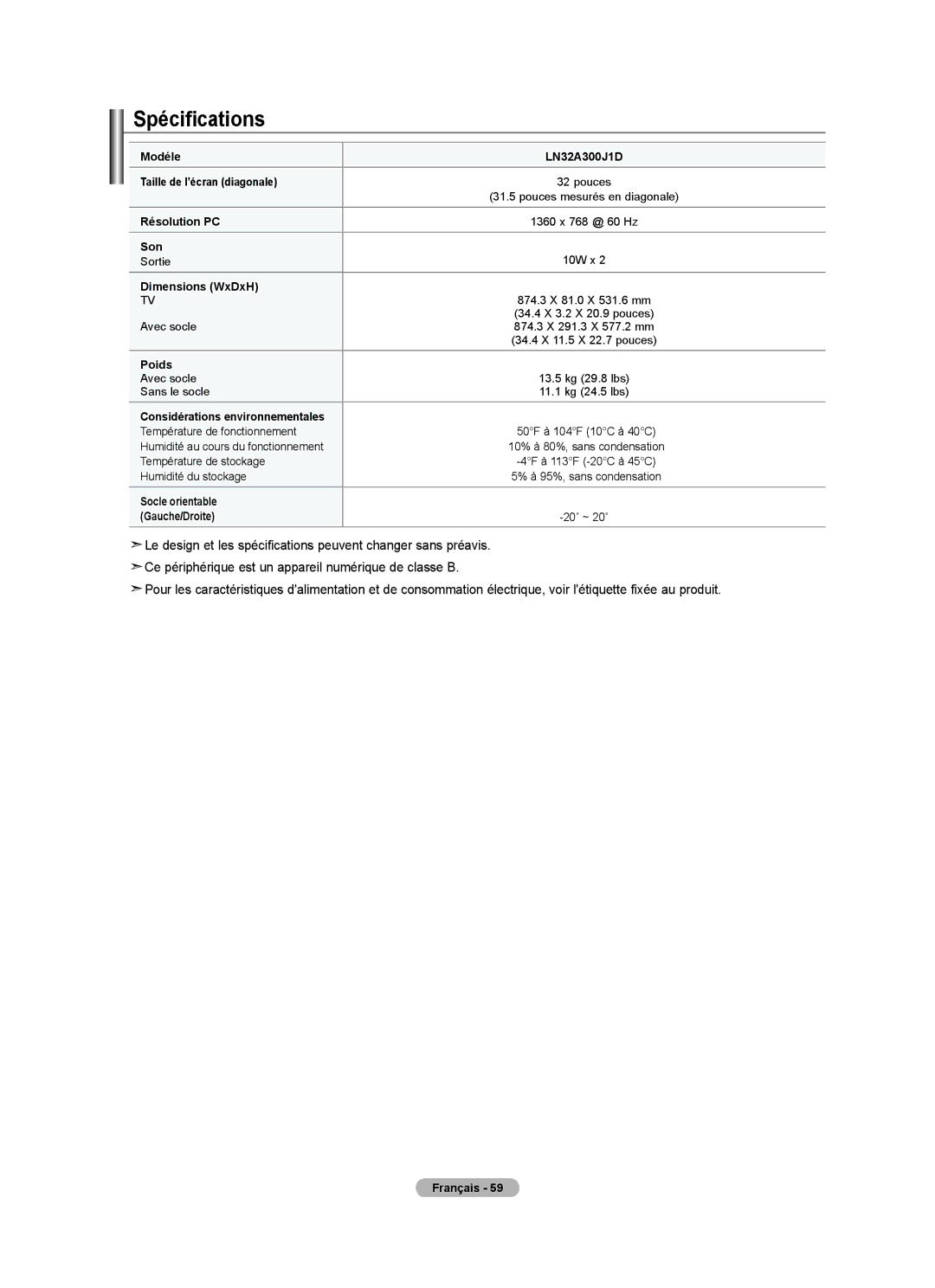 Samsung BN68-01797A-00 user manual Spécifications, Considérations environnementales 