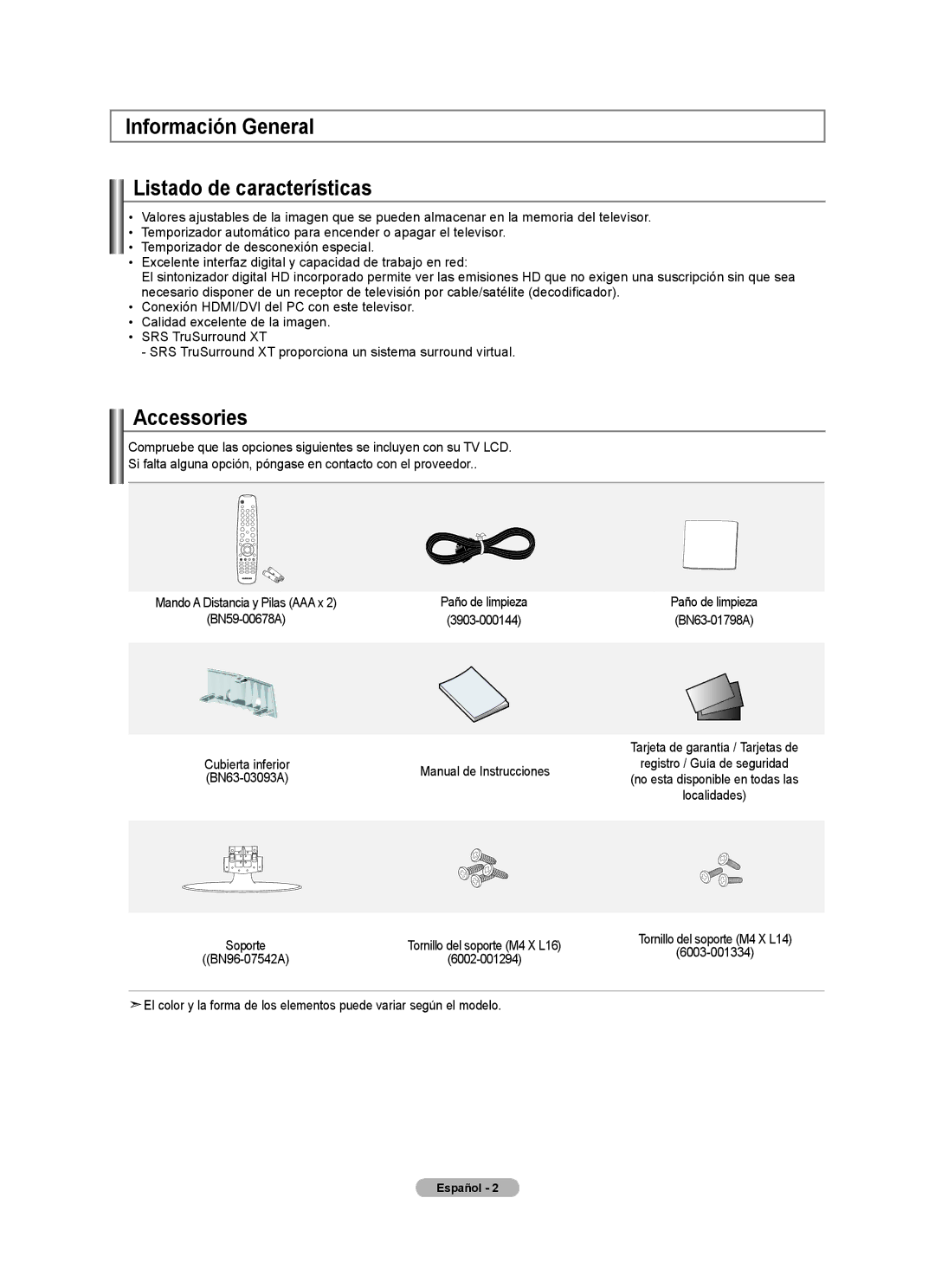 Samsung BN68-01797A-00 Información General Listado de características, Cubierta inferior Manual de Instrucciones 