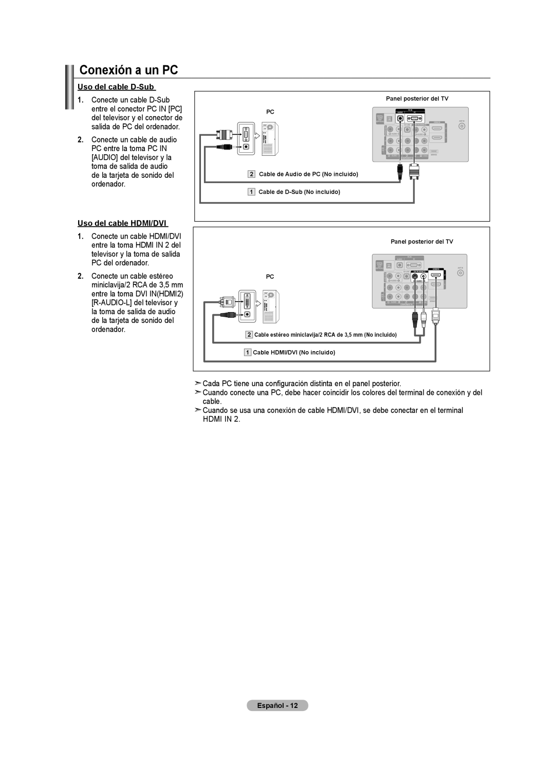 Samsung BN68-01797A-00 user manual Conexión a un PC, Uso del cable D-Sub, Uso del cable HDMI/DVI 