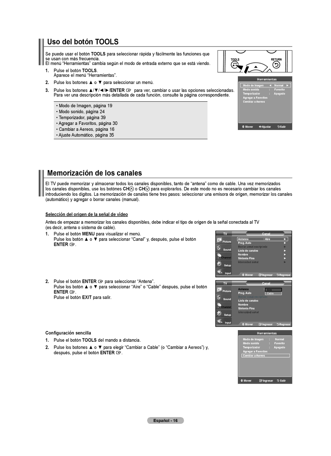 Samsung BN68-01797A-00 Uso del botón Tools, Memorización de los canales, Selección del origen de la señal de vídeo 