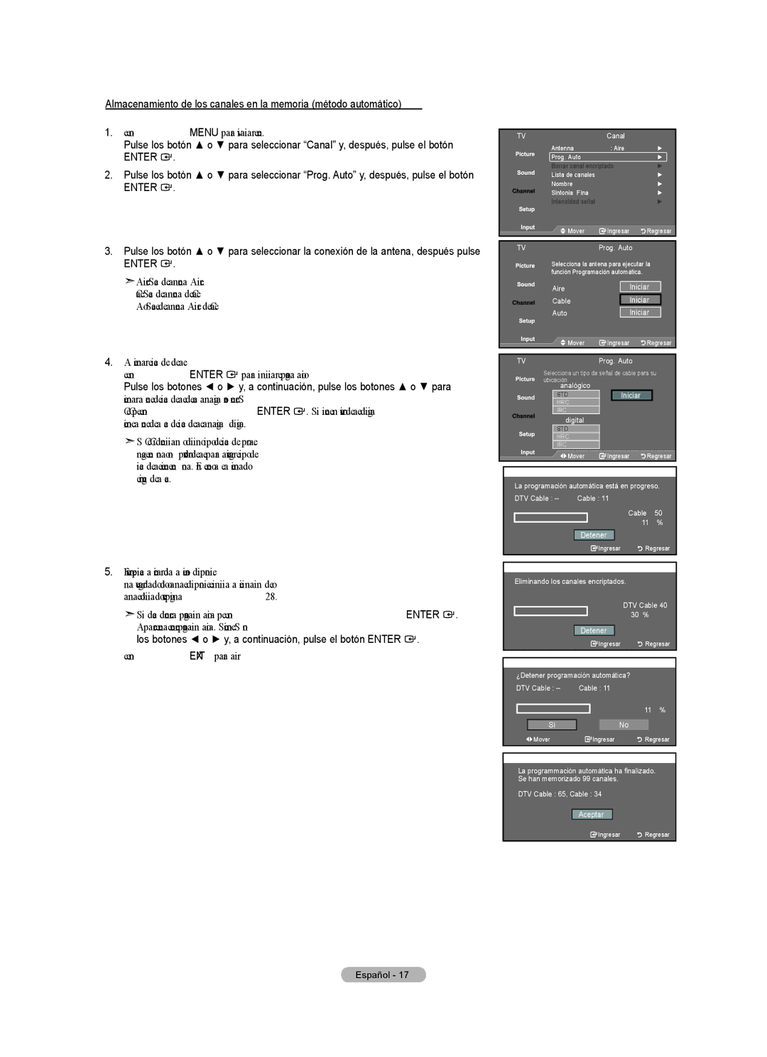 Samsung BN68-01797A-00 user manual Aire Iniciar Cable Auto, DTV Cable 11 %, DTV Cable 65, Cable Aceptar 