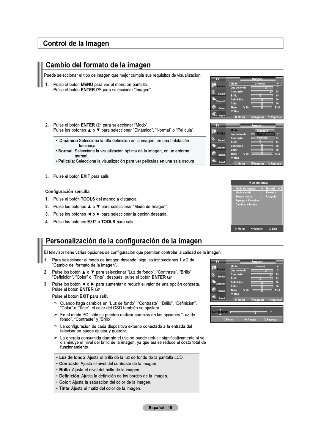 Samsung BN68-01797A-00 user manual Control de la Imagen Cambio del formato de la imagen 