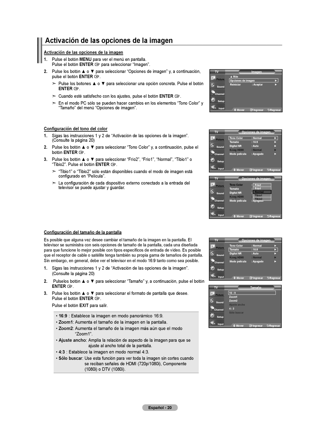 Samsung BN68-01797A-00 user manual Activación de las opciones de la imagen, Configuración del tono del color 