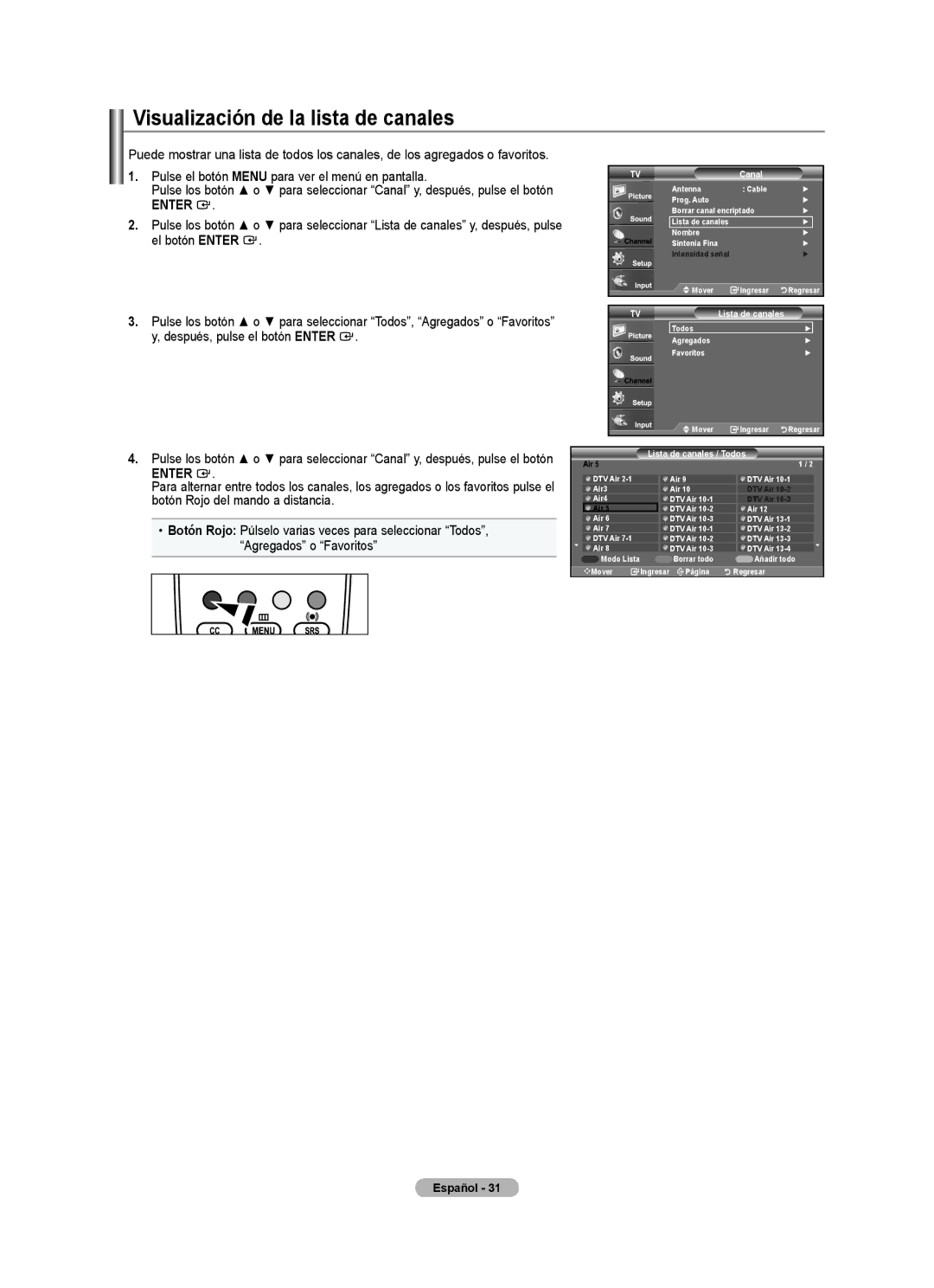 Samsung BN68-01797A-00 user manual Visualización de la lista de canales 