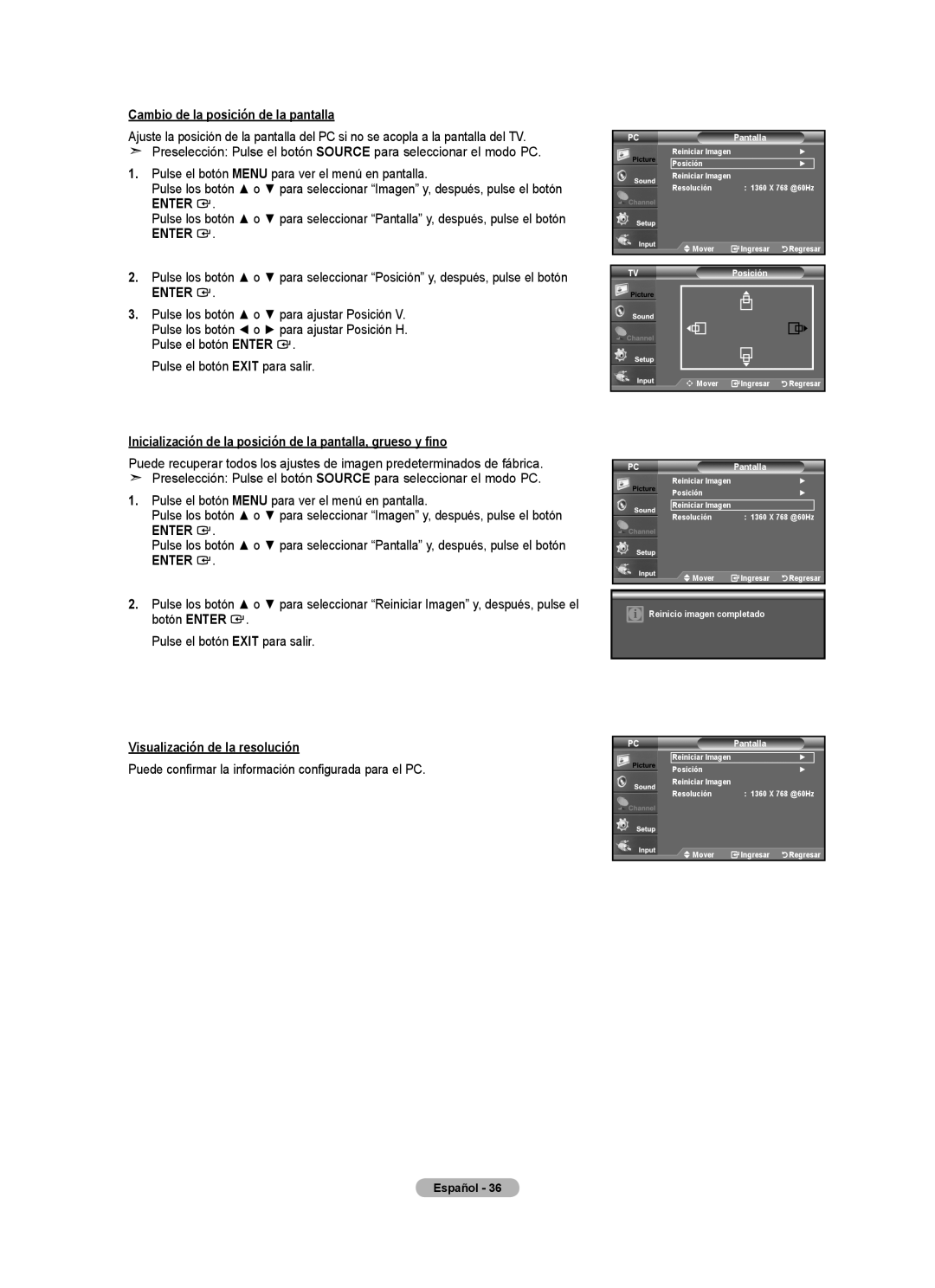 Samsung BN68-01797A-00 Cambio de la posición de la pantalla, Inicialización de la posición de la pantalla, grueso y fino 