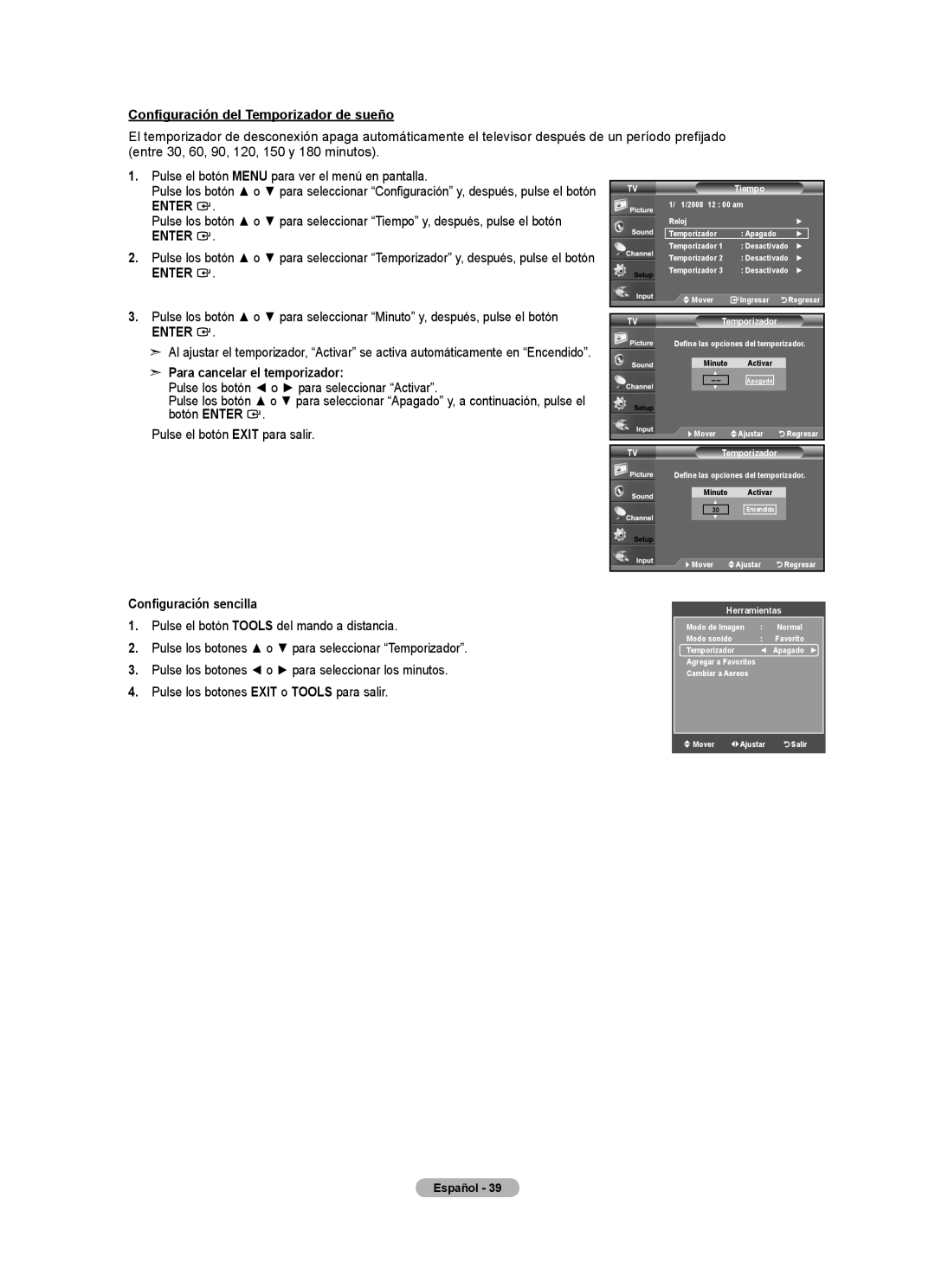 Samsung BN68-01797A-00 user manual Configuración del Temporizador de sueño, Para cancelar el temporizador, TVTemporizador 