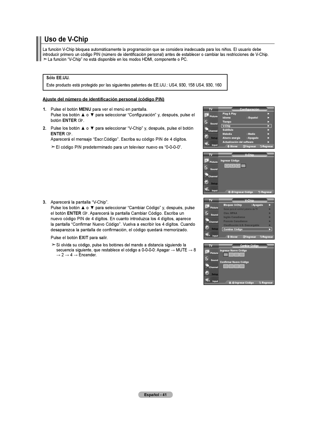 Samsung BN68-01797A-00 user manual Uso de V-Chip, Sólo EE.UU, Ajuste del número de identificación personal código PIN 