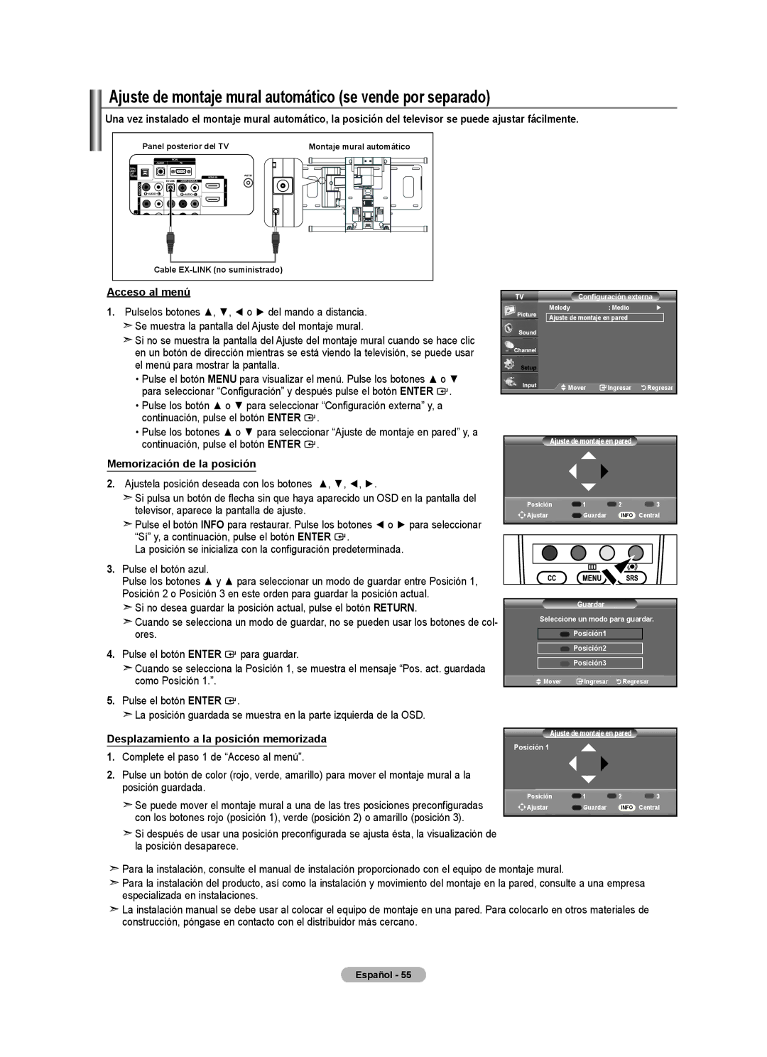 Samsung BN68-01797A-00 user manual Ajuste de montaje mural automático se vende por separado, Acceso al menú 