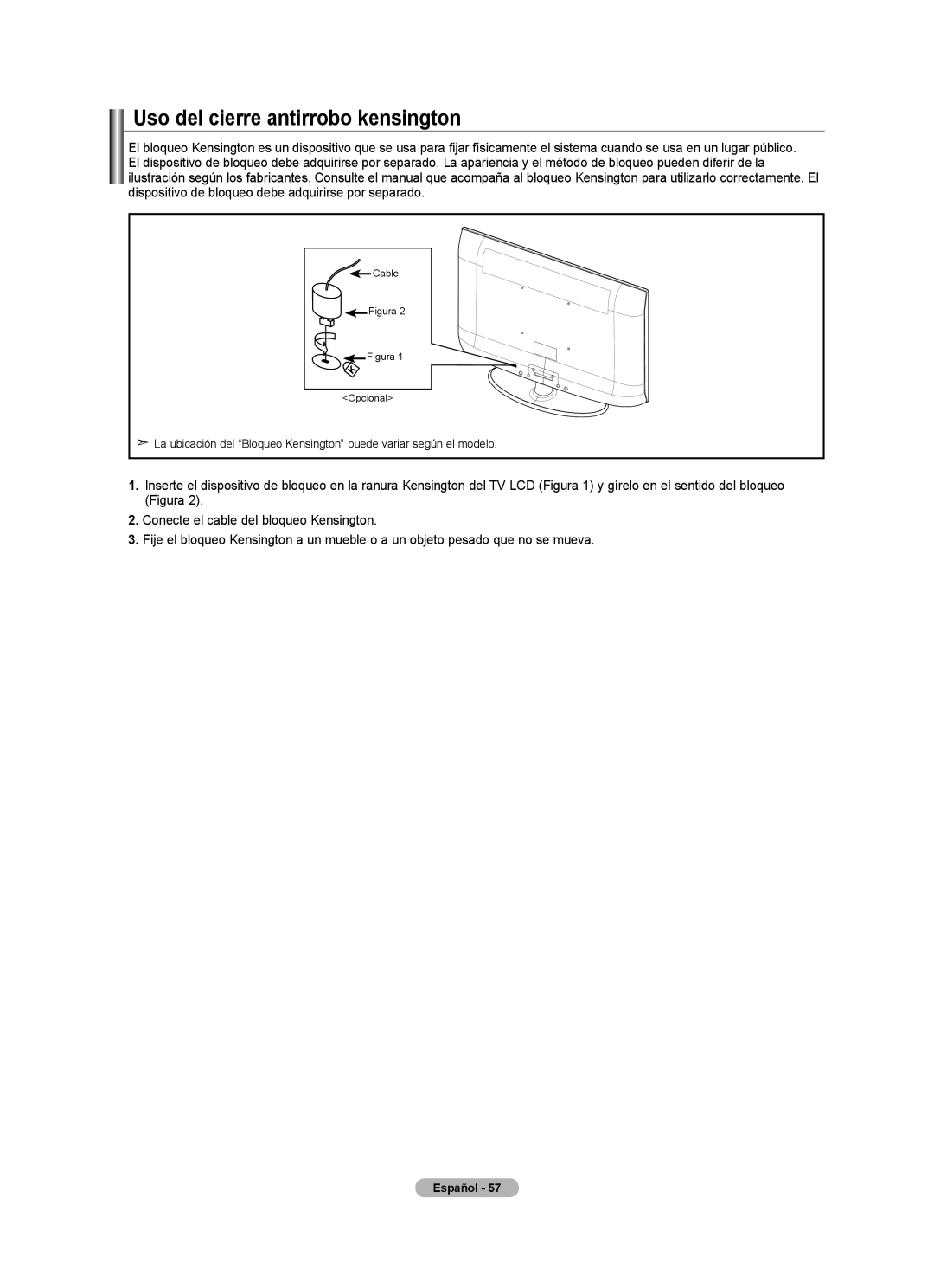 Samsung BN68-01797A-00 user manual Uso del cierre antirrobo kensington, Figura 