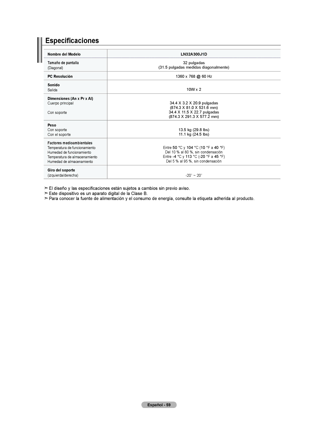 Samsung BN68-01797A-00 user manual Especificaciones, Dimensiones An x Pr x Al 