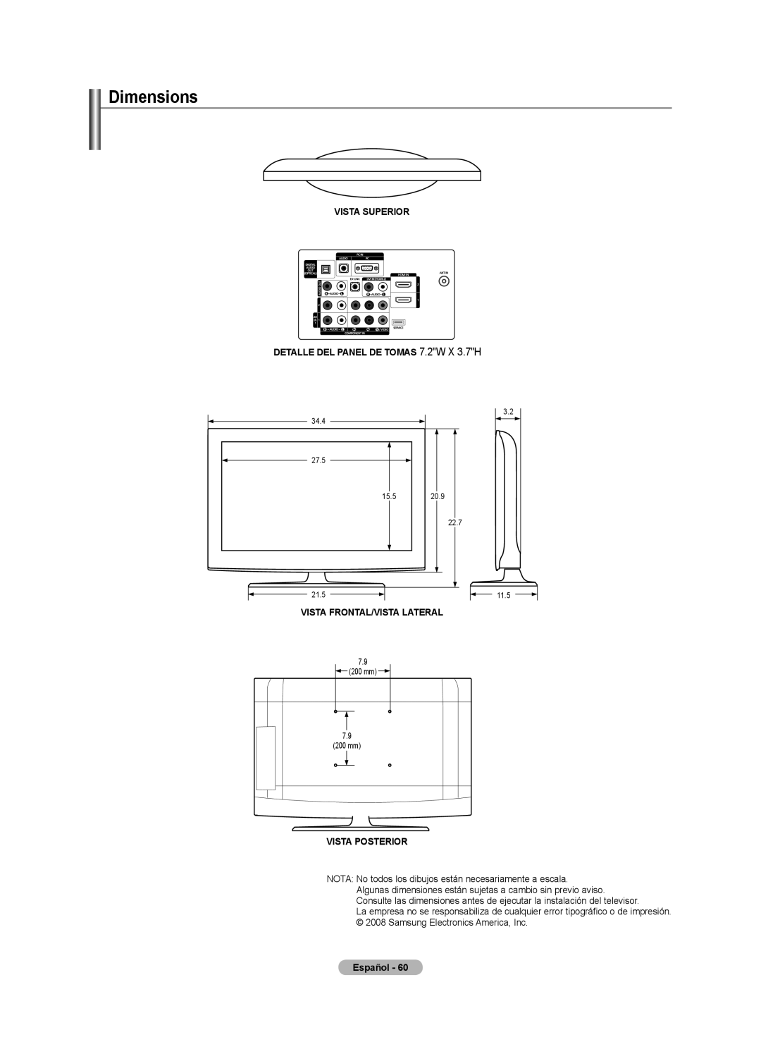 Samsung BN68-01797A-00 user manual Vista Superior Detalle DEL Panel DE Tomas 7.2W X 3.7H 