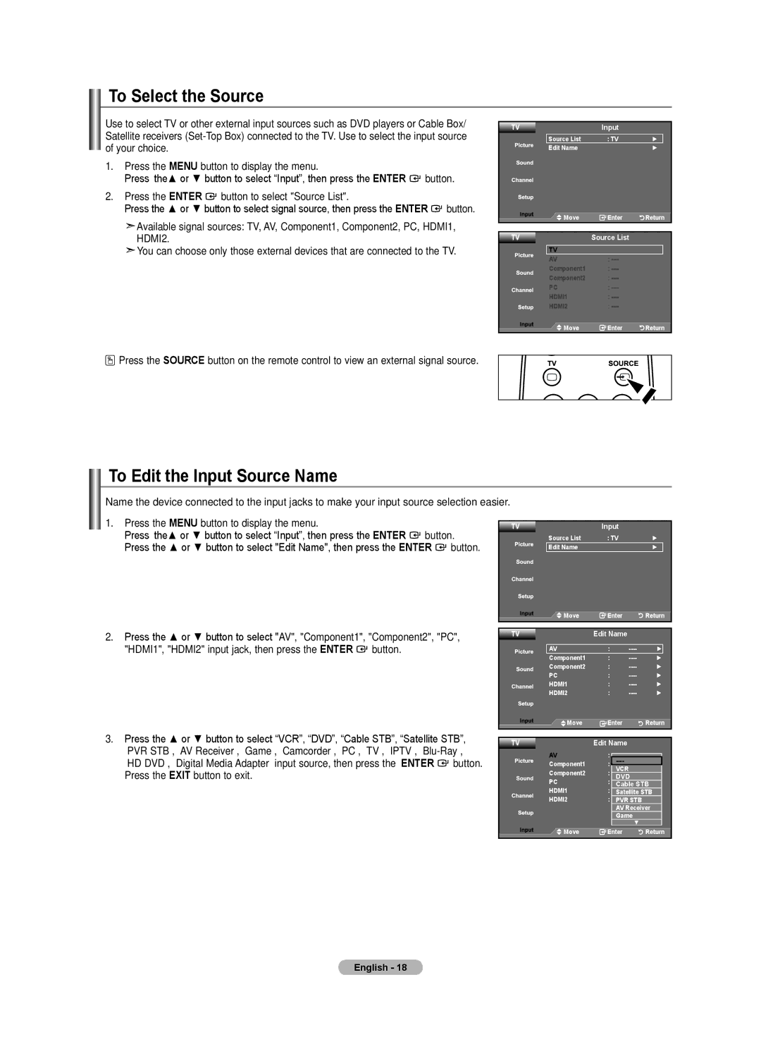 Samsung BN68-01797A-00 user manual To Select the Source, To Edit the Input Source Name, Source List 