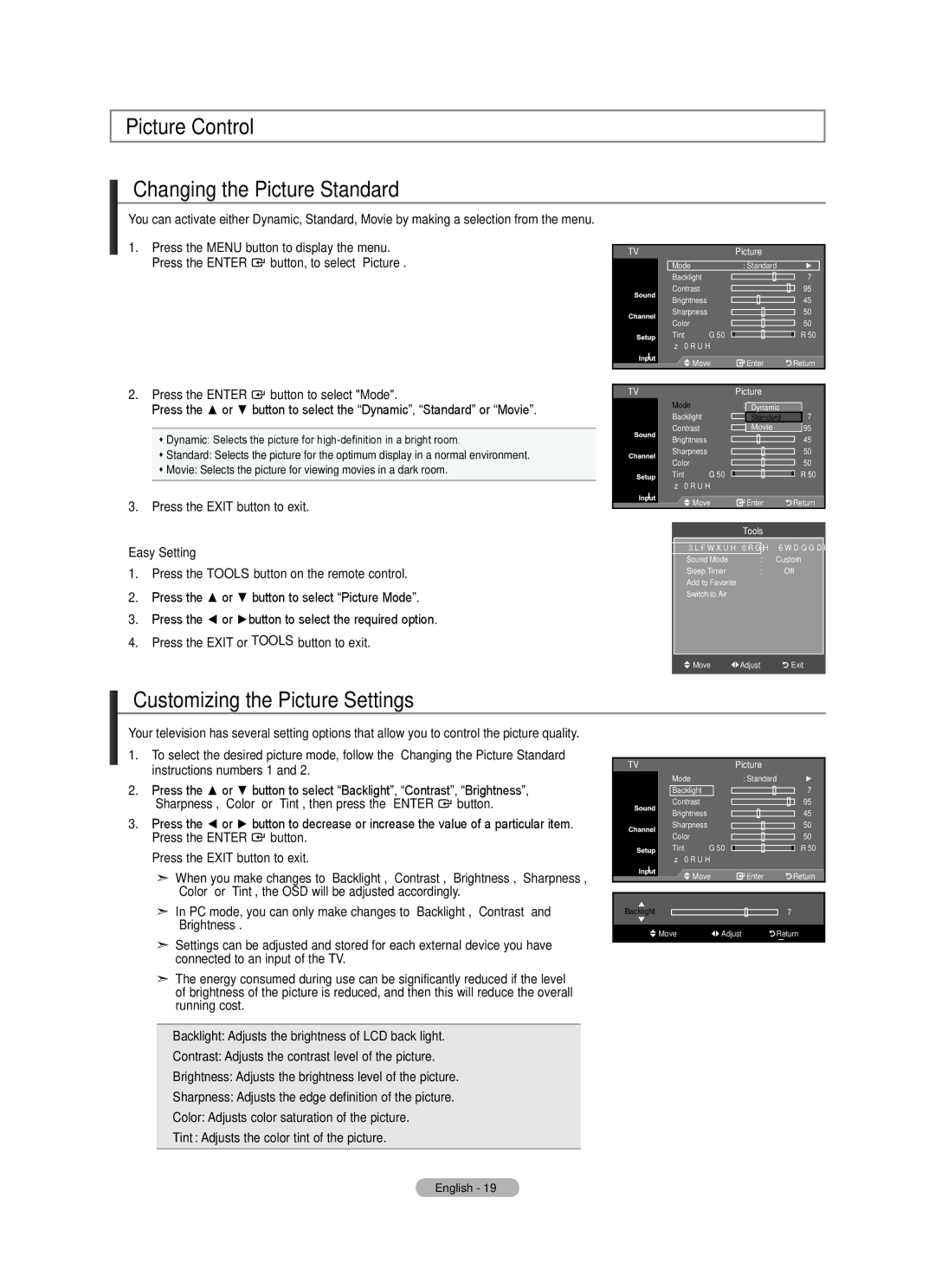 Samsung BN68-01797A-00 user manual Picture Control Changing the Picture Standard, Customizing the Picture Settings 