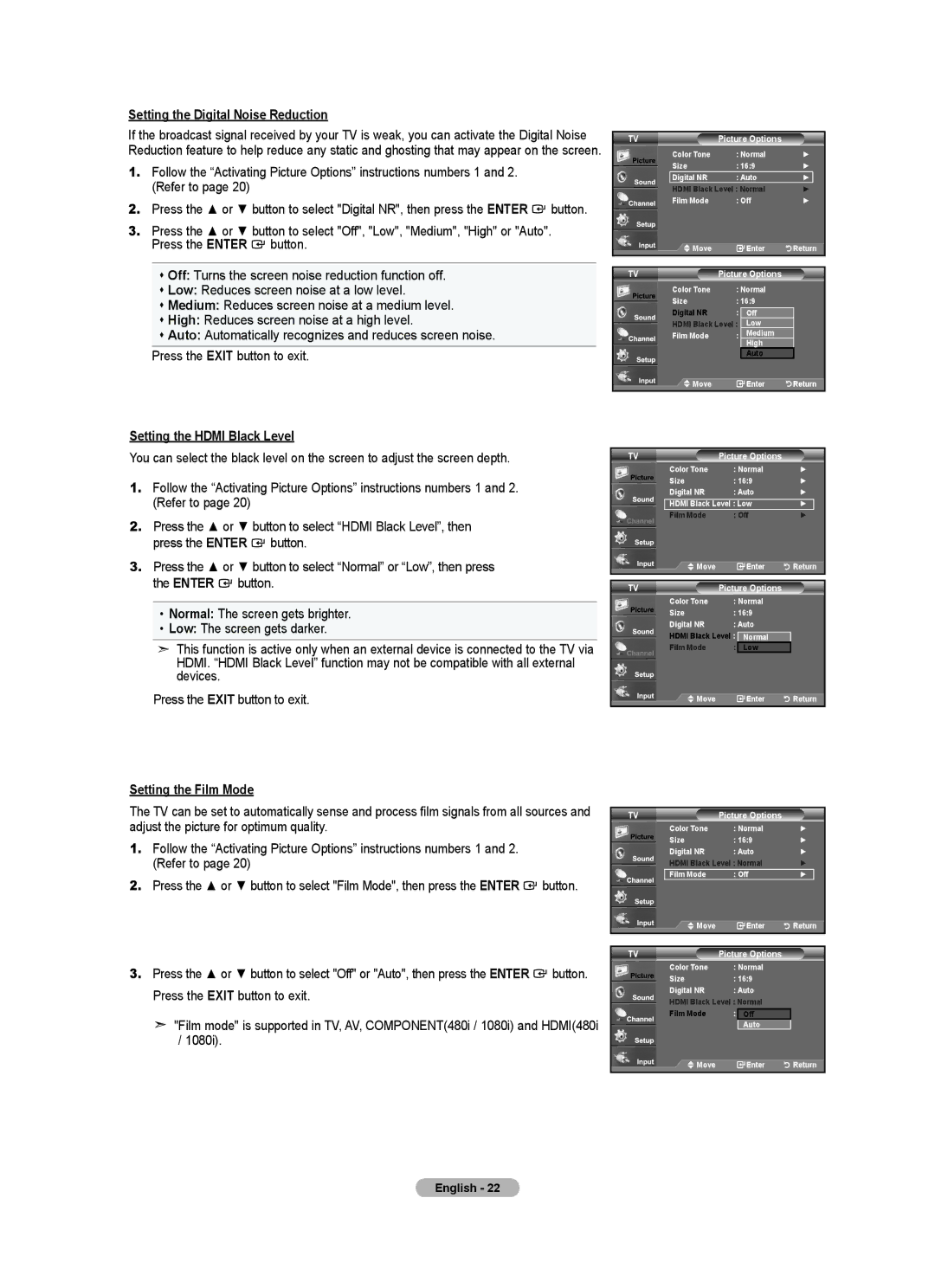 Samsung BN68-01797A-00 user manual Setting the Digital Noise Reduction, Setting the Hdmi Black Level, Setting the Film Mode 