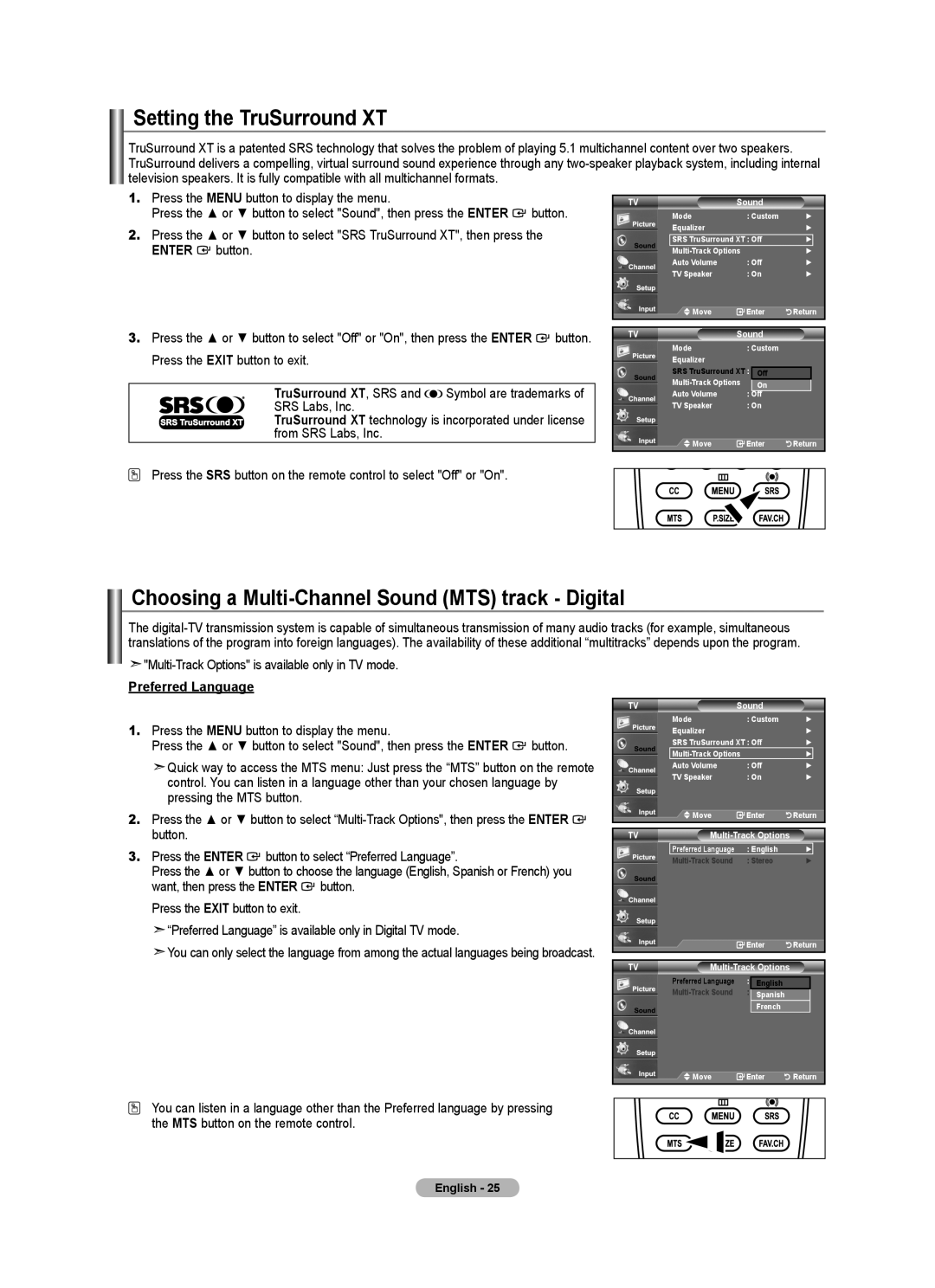 Samsung BN68-01797A-00 Setting the TruSurround XT, Choosing a Multi-Channel Sound MTS track Digital, Preferred Language 