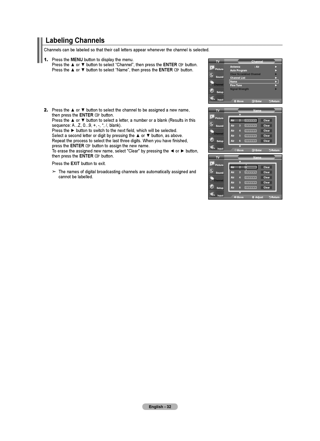 Samsung BN68-01797A-00 user manual Labeling Channels, Name 