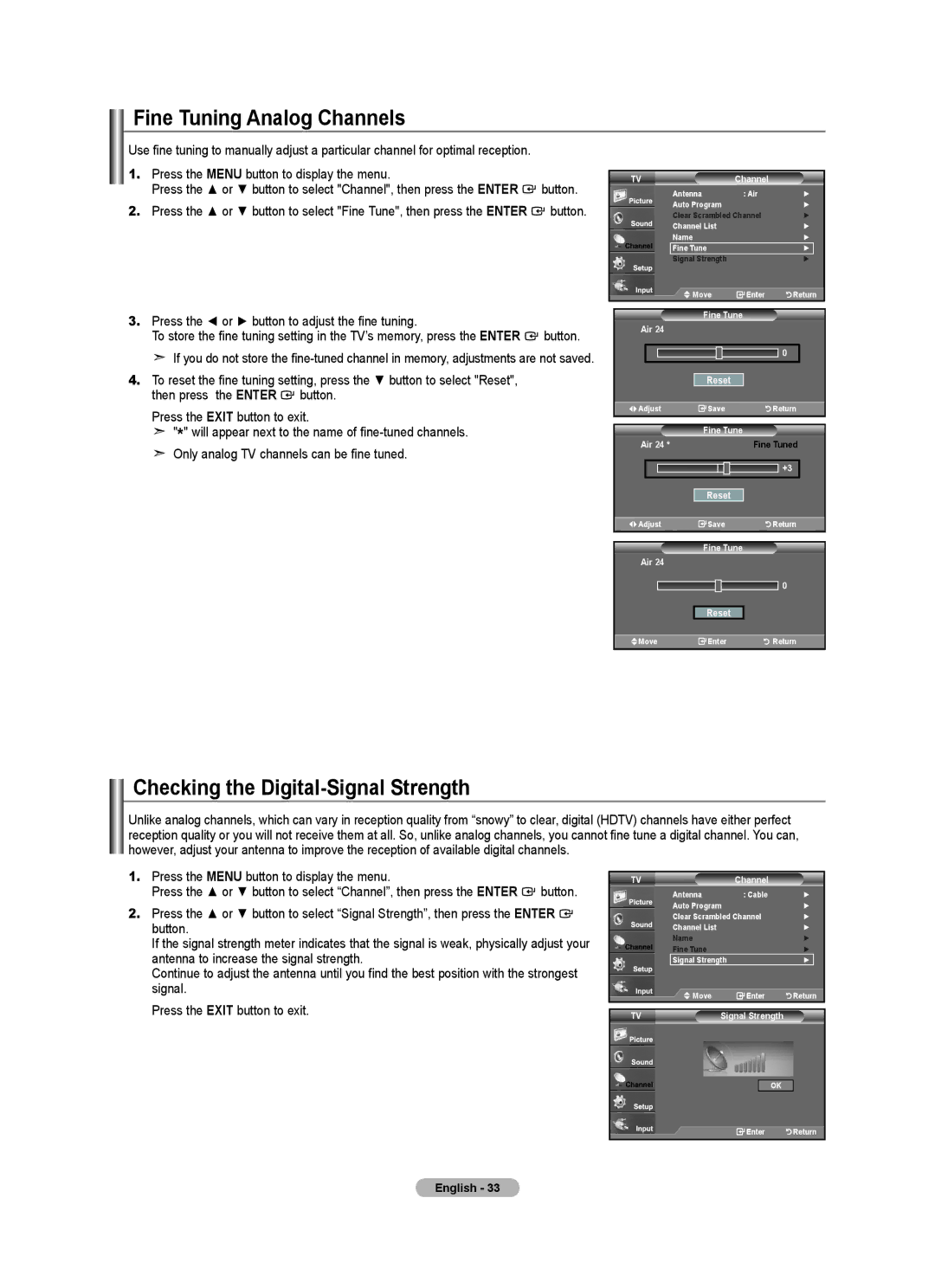 Samsung BN68-01797A-00 user manual Fine Tuning Analog Channels, Checking the Digital-Signal Strength 