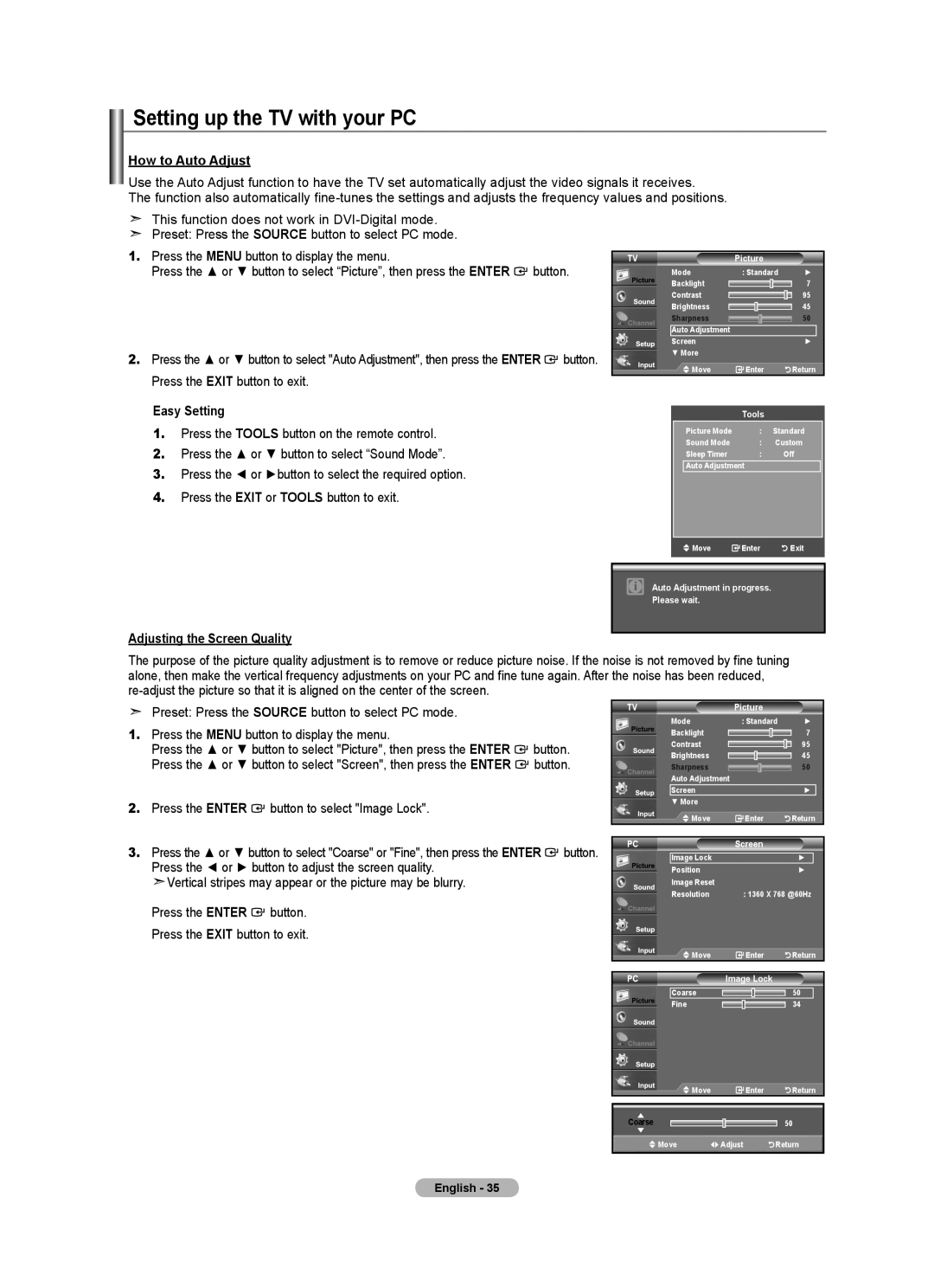 Samsung BN68-01797A-00 user manual Setting up the TV with your PC, How to Auto Adjust, Adjusting the Screen Quality 