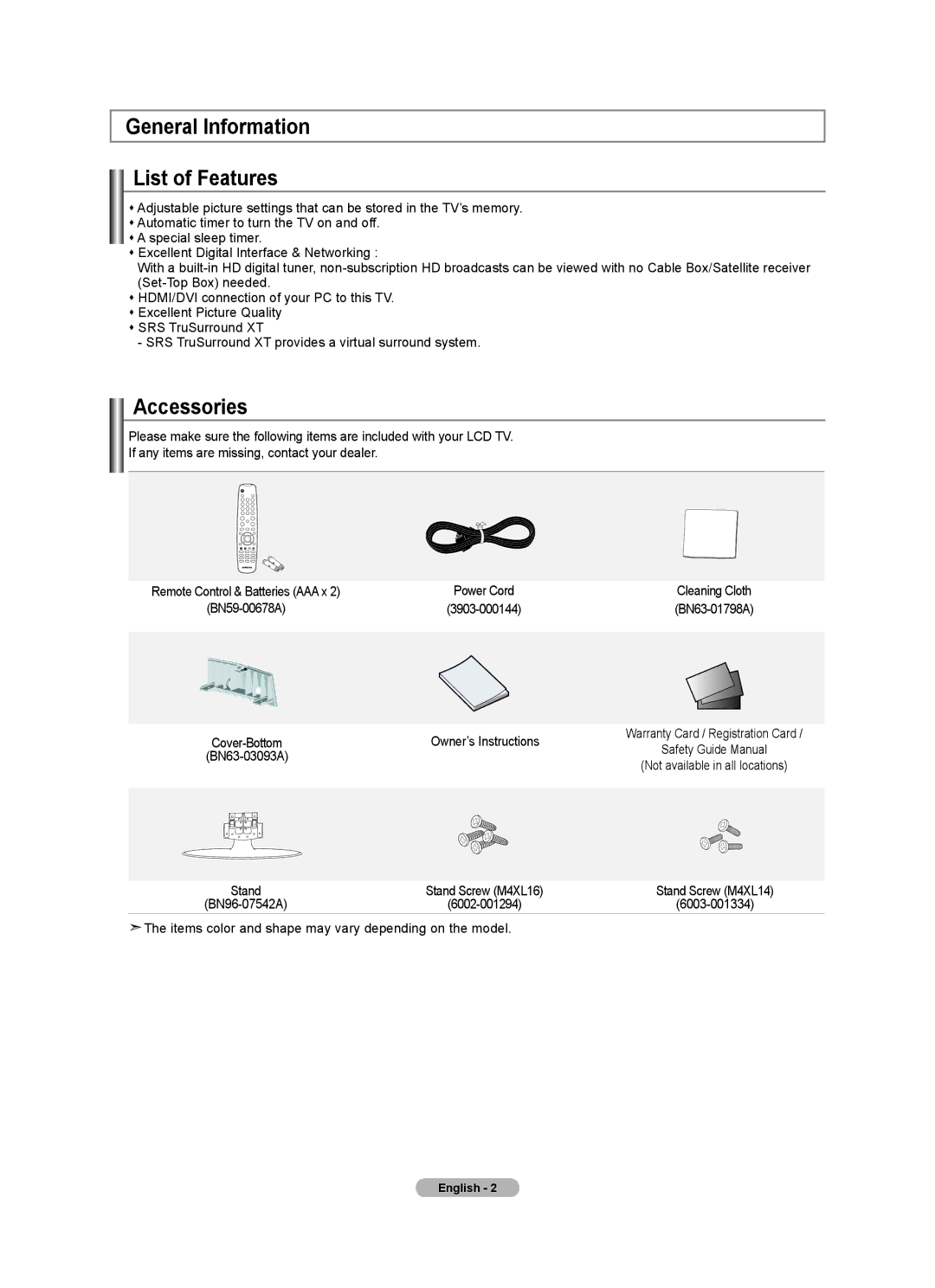 Samsung BN68-01797A-00 user manual General Information List of Features, Accessories, 3903-000144, Owner’s Instructions 