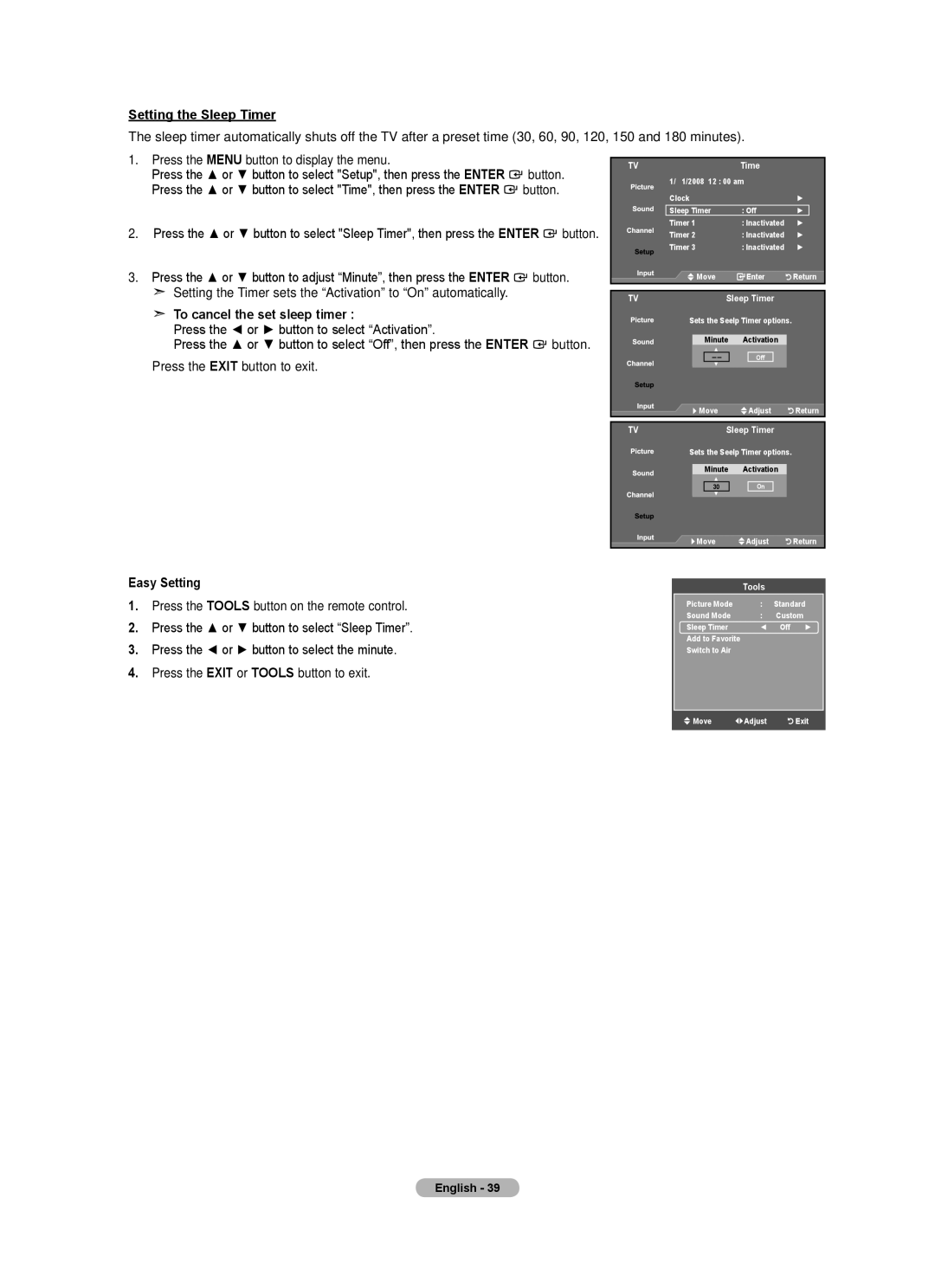 Samsung BN68-01797A-00 Setting the Sleep Timer, To cancel the set sleep timer, Press the or button to select Activation 