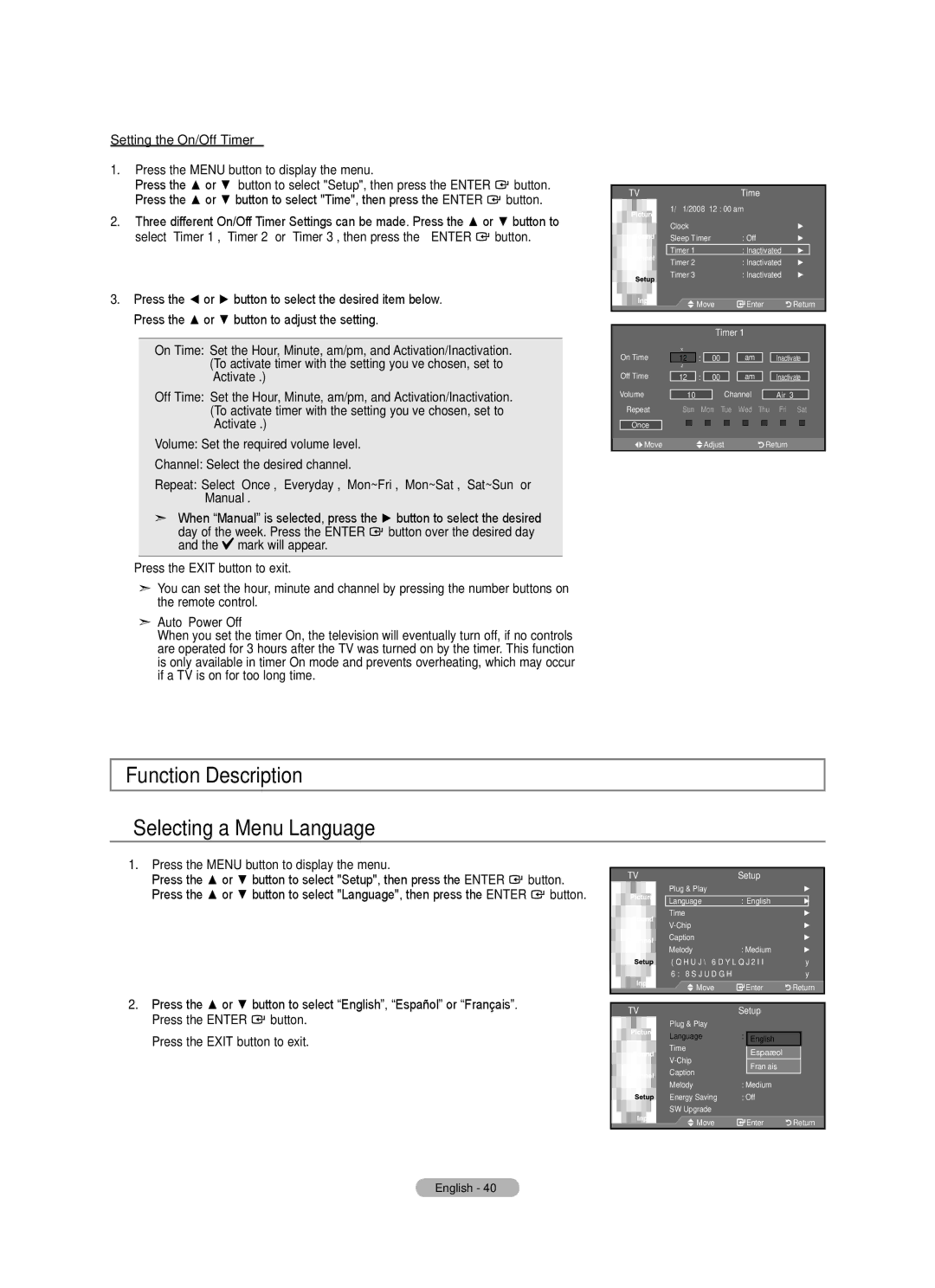 Samsung BN68-01797A-00 user manual Function Description Selecting a Menu Language, Setting the On/Off Timer, Auto Power Off 