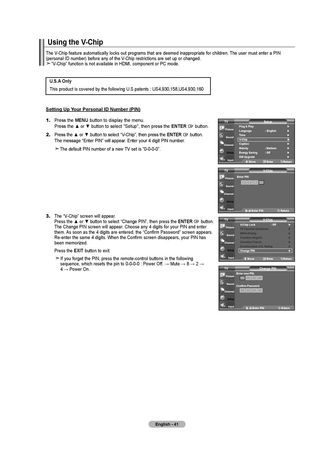 Samsung BN68-01797A-00 user manual Using the V-Chip, A Only, Setting Up Your Personal ID Number PIN 