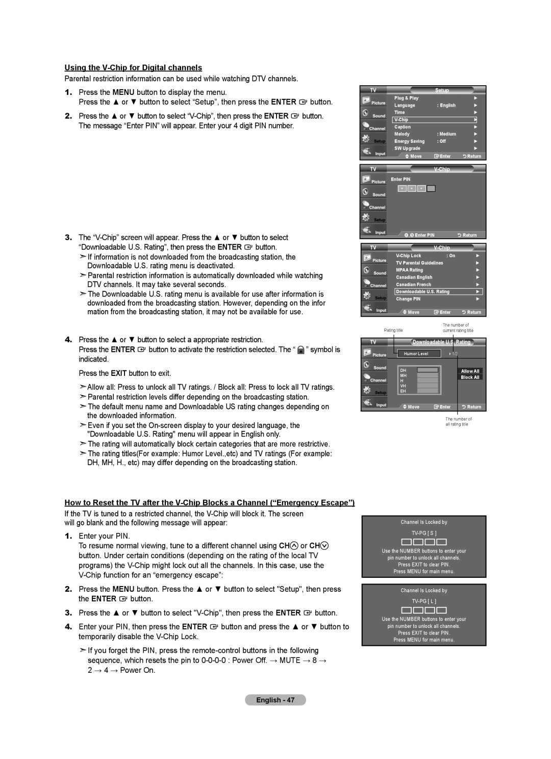 Samsung BN68-01797A-00 user manual Using the V-Chip for Digital channels 