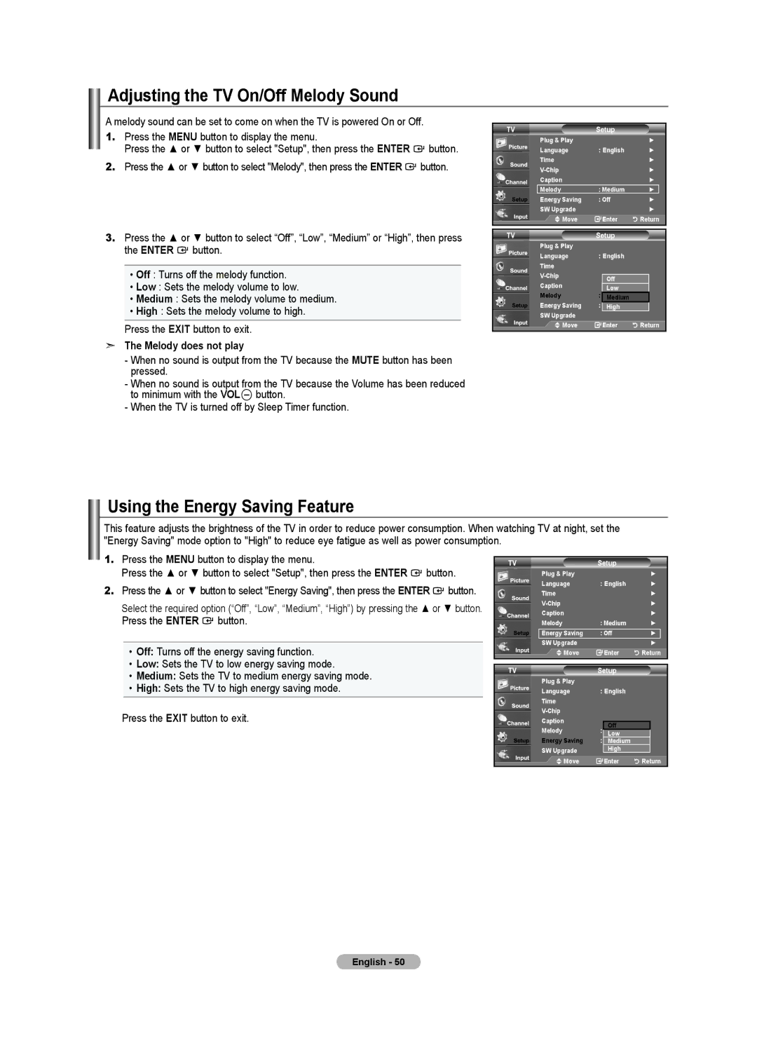 Samsung BN68-01797A-00 Adjusting the TV On/Off Melody Sound, Using the Energy Saving Feature, Melody does not play 