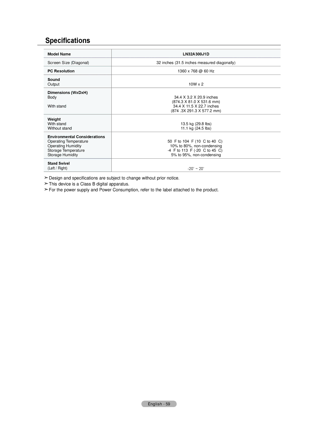 Samsung BN68-01797A-00 user manual Specifications, Dimensions WxDxH 