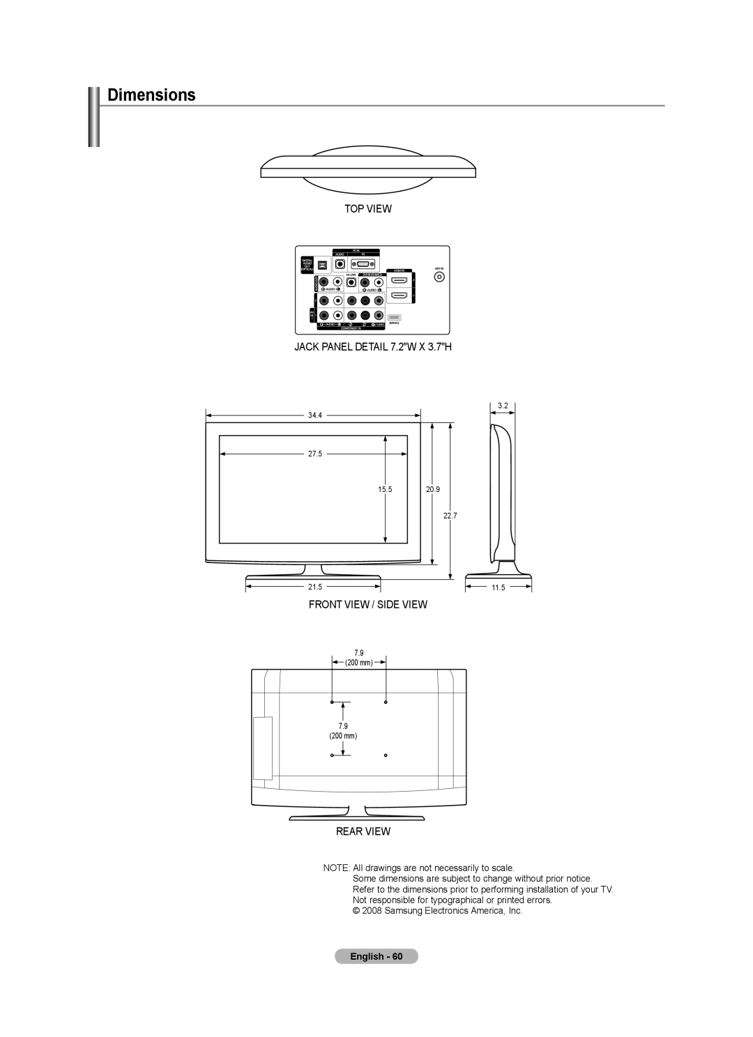 Samsung BN68-01797A-00 user manual Dimensions, Rear View 