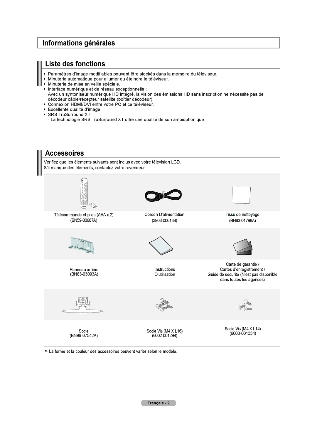 Samsung BN68-01797A-00 Informations générales Liste des fonctions, Accessoires, Panneau arrière Instructions, 6002-001294 