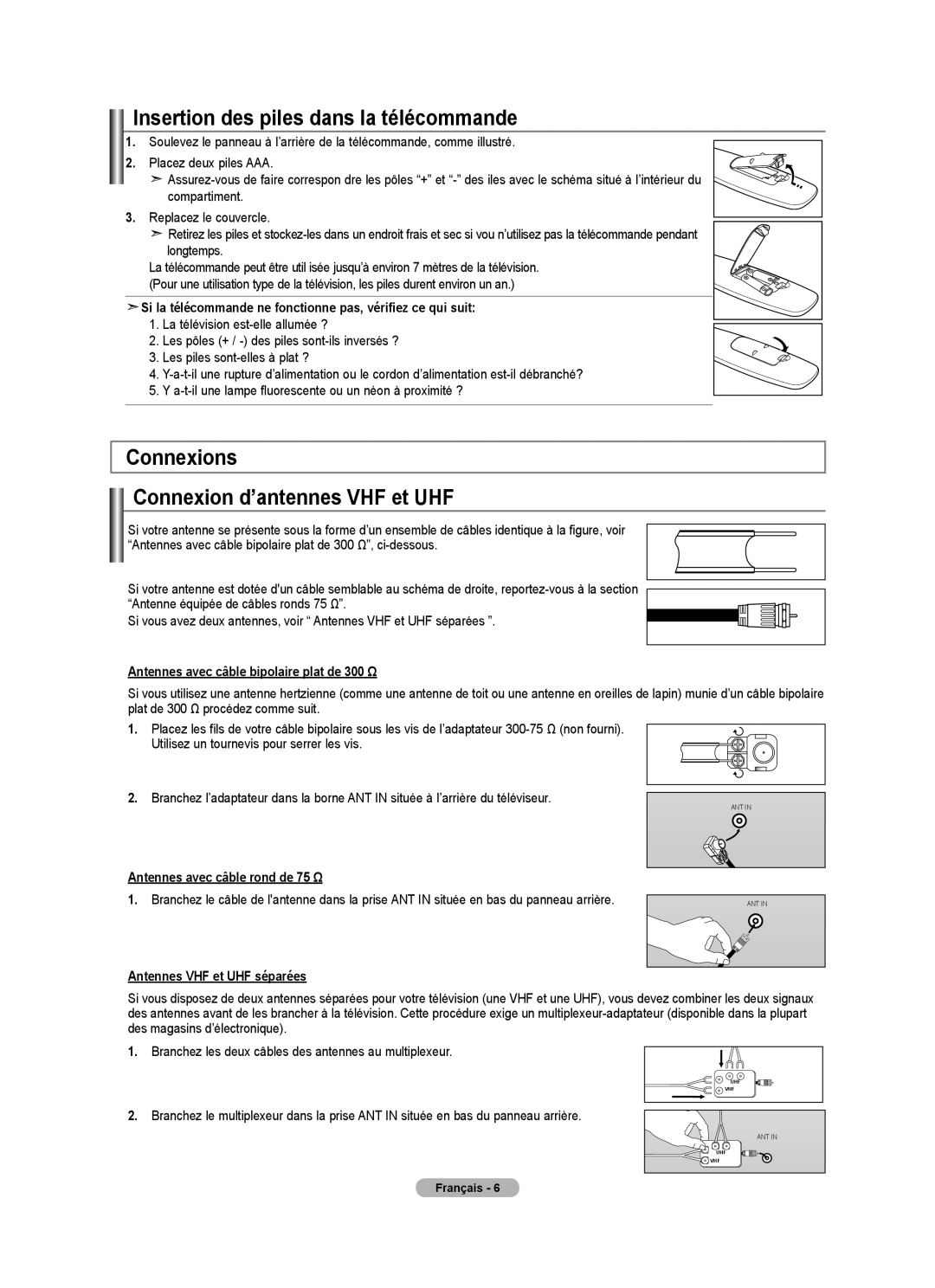 Samsung BN68-01797A-00 user manual Insertion des piles dans la télécommande, Connexions Connexion d’antennes VHF et UHF 