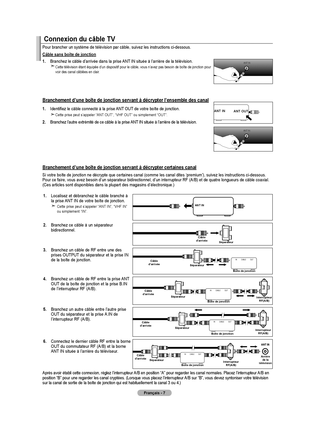 Samsung BN68-01797A-00 user manual Connexion du câble TV, Câble sans boîte de jonction 