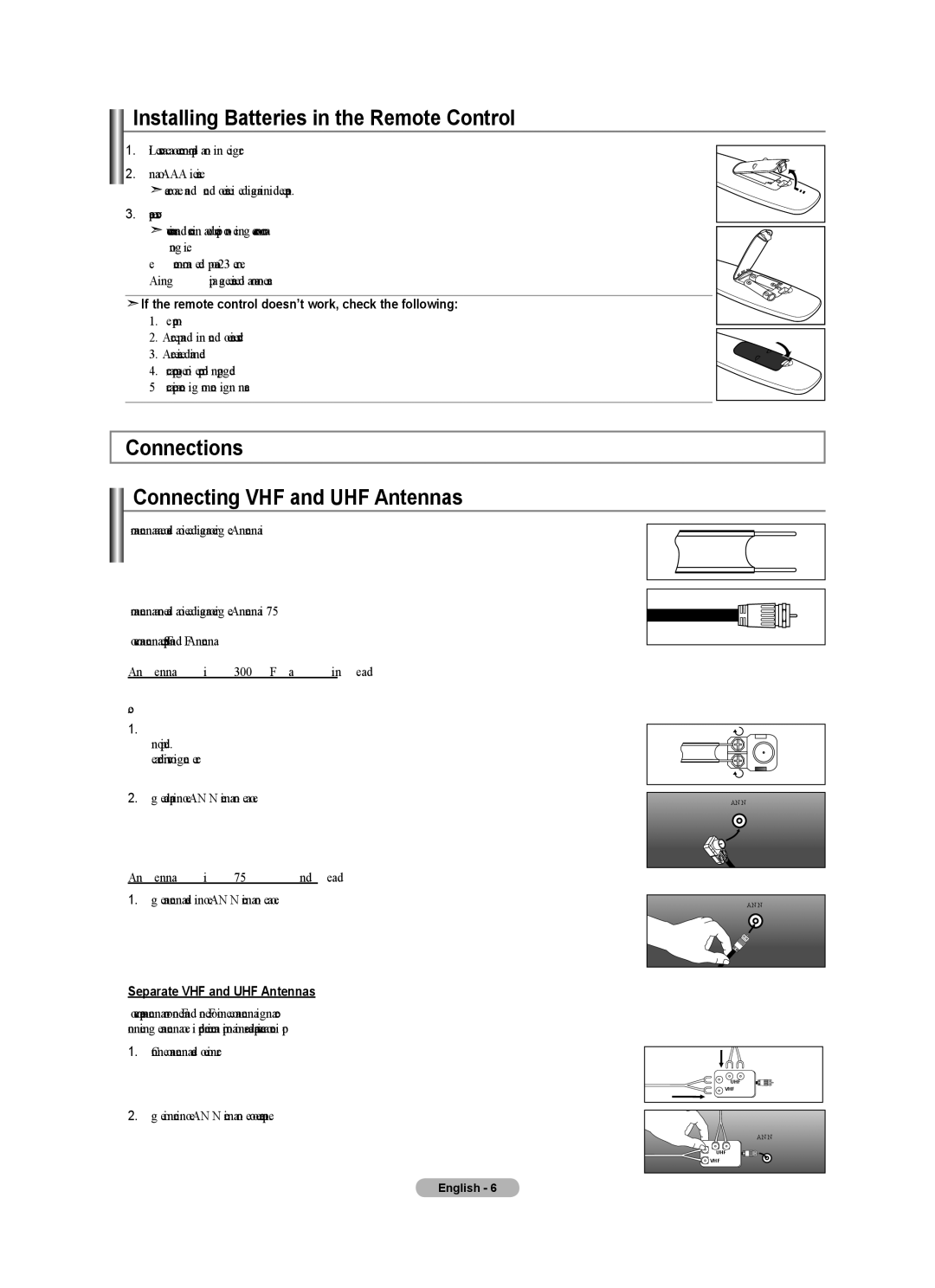 Samsung BN68-01797A-00 user manual Installing Batteries in the Remote Control, Connections Connecting VHF and UHF Antennas 