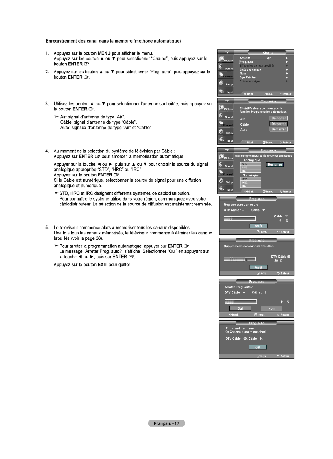 Samsung BN68-01797A-00 Analogique, Numérique, Réglage auto . en cours DTV Câble, Arrêter Prog. auto? DTV Câble 