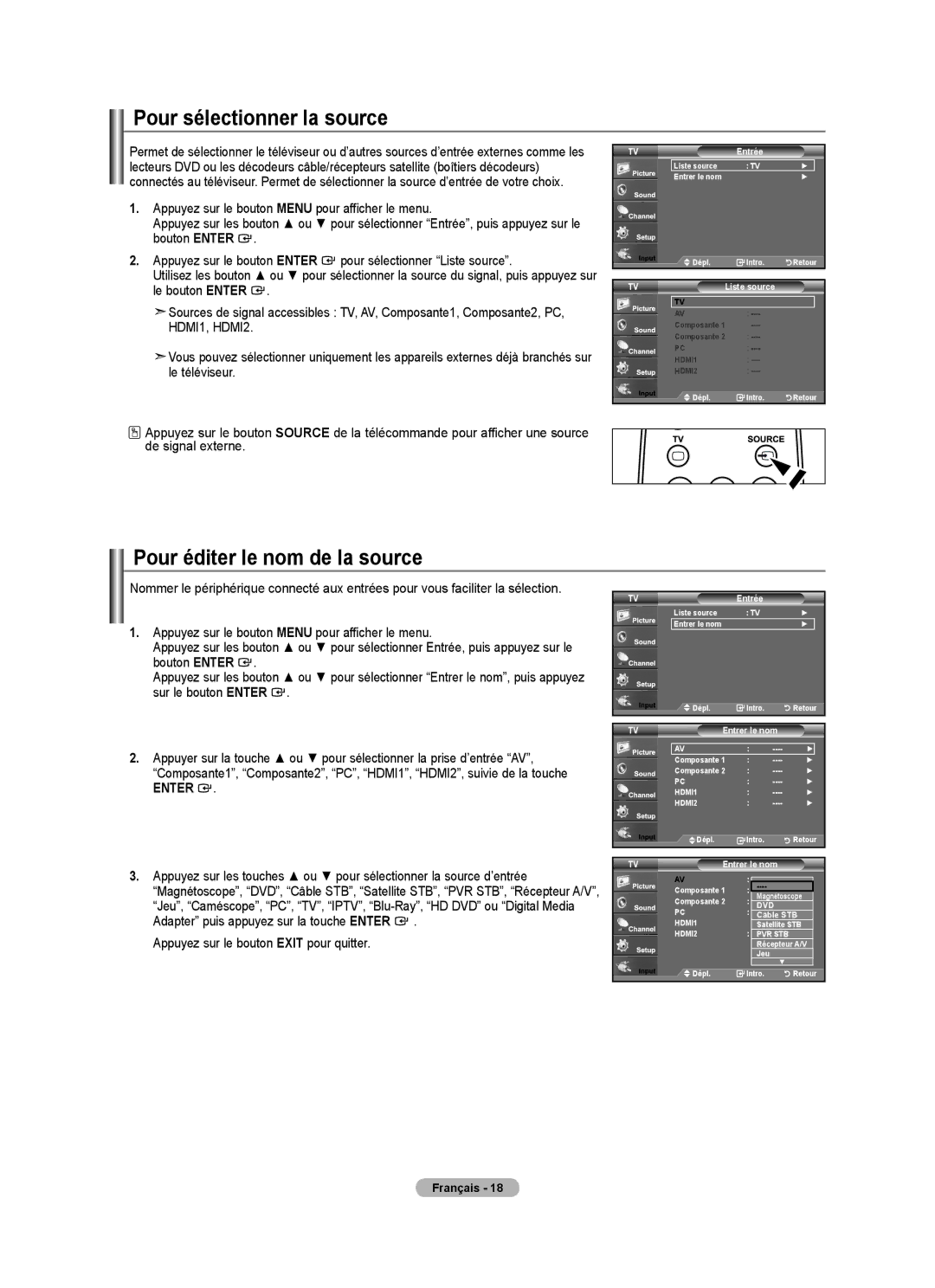 Samsung BN68-01797A-00 user manual Pour sélectionner la source, Pour éditer le nom de la source, Entrer le nom 