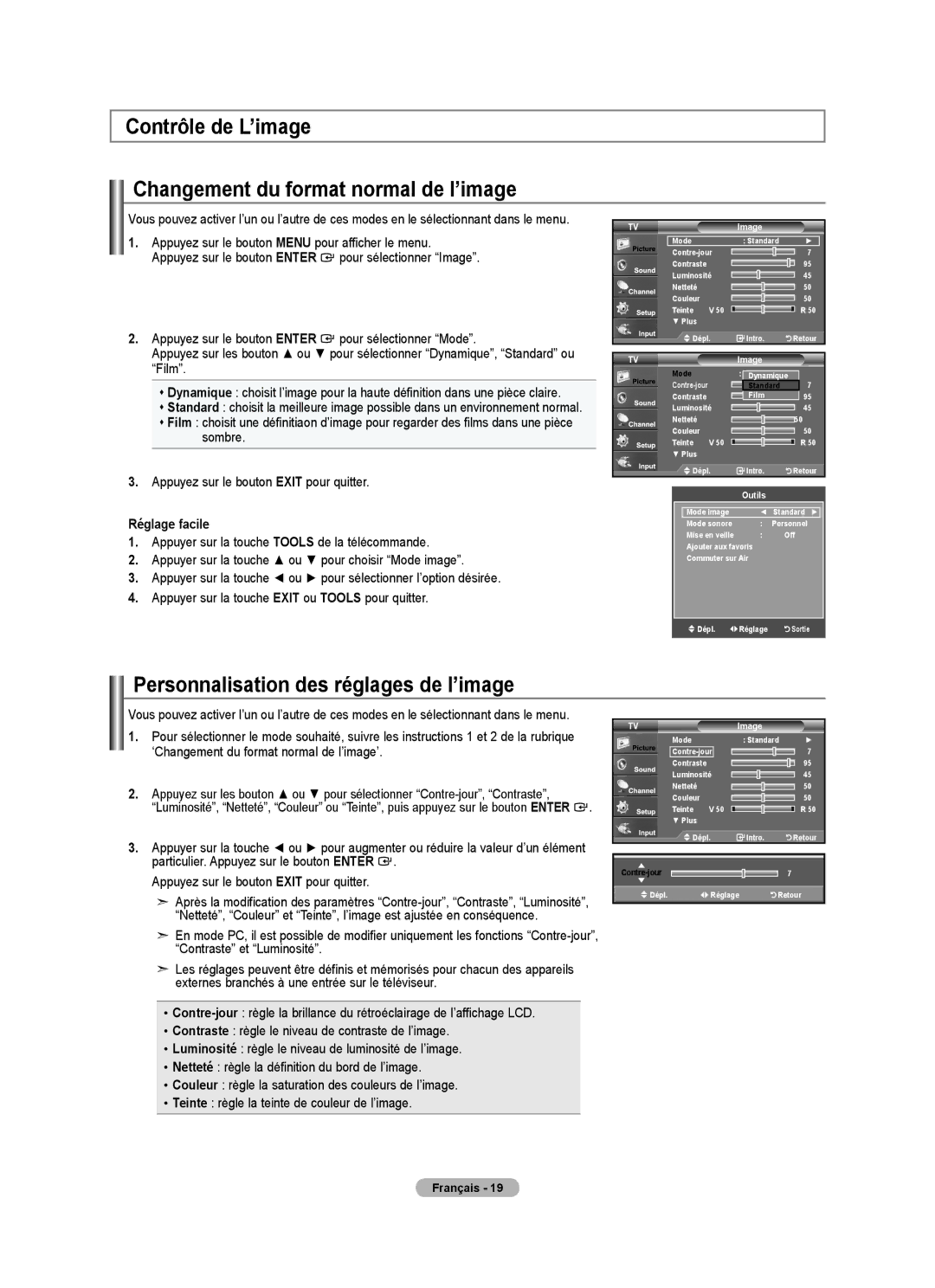 Samsung BN68-01797A-00 user manual Contrôle de L’image Changement du format normal de l’image, Image 