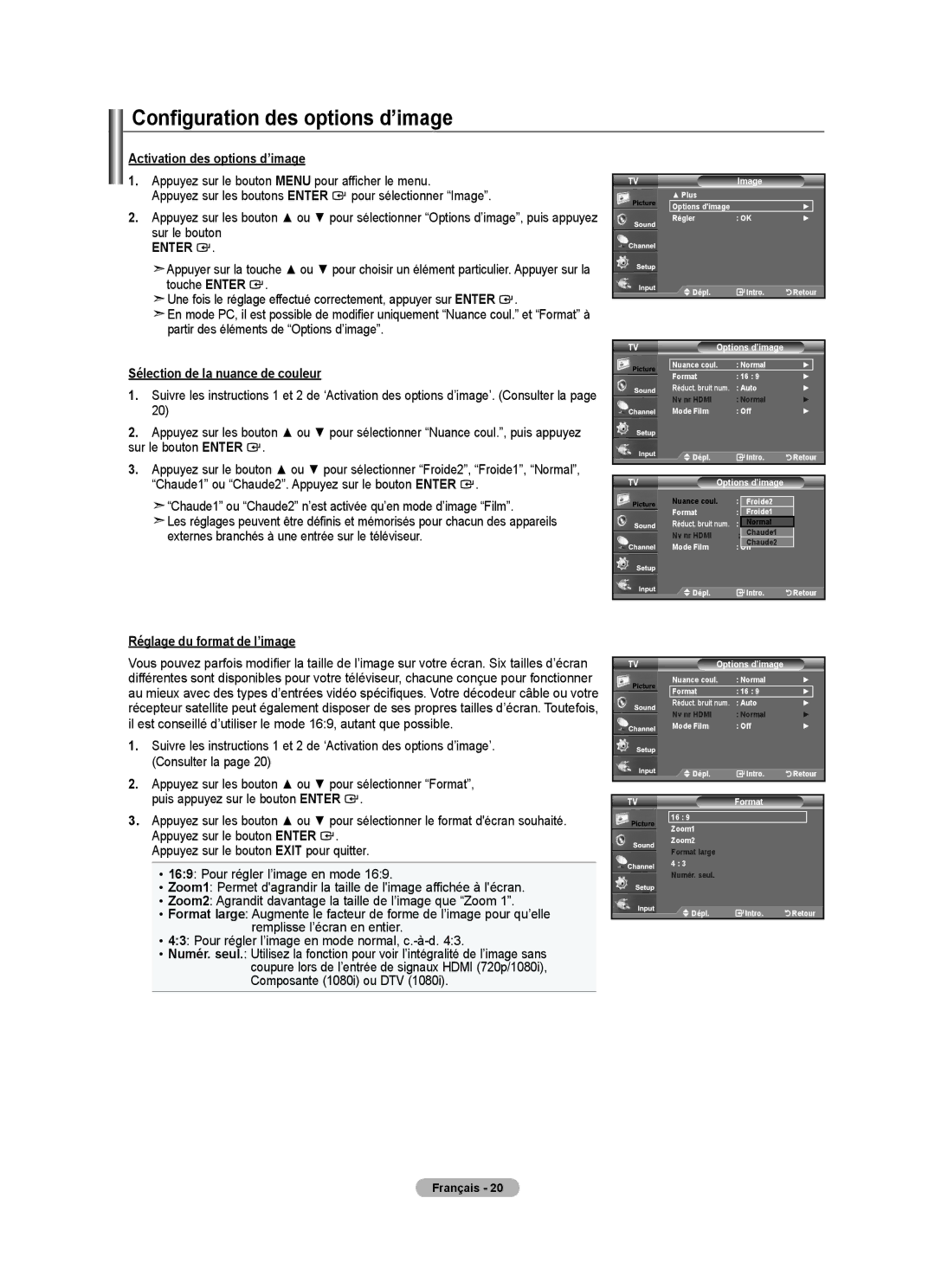 Samsung BN68-01797A-00 Configuration des options d’image, Activation des options d’image, Réglage du format de l’image 