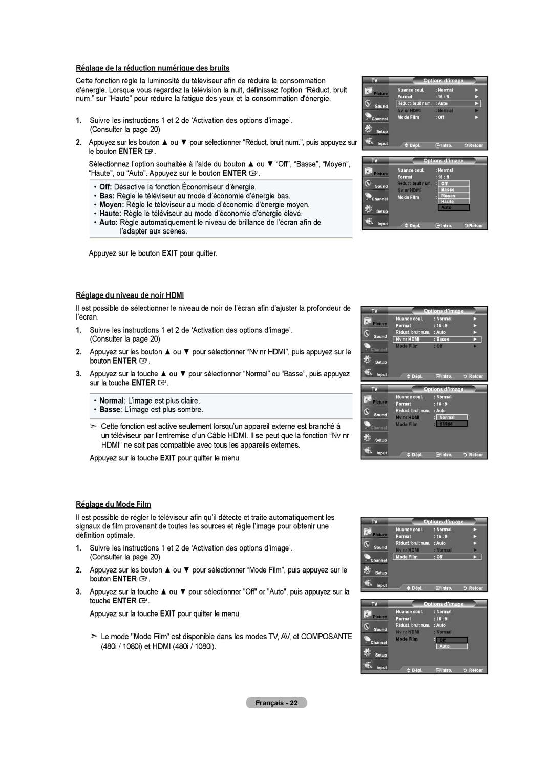 Samsung BN68-01797A-00 Réglage de la réduction numérique des bruits, Réglage du niveau de noir Hdmi, Réglage du Mode Film 