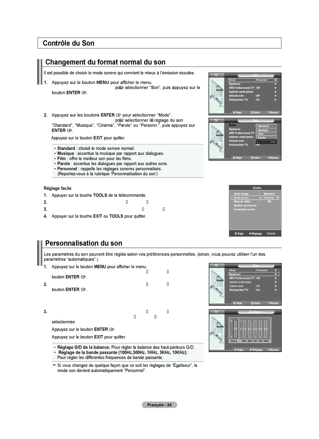 Samsung BN68-01797A-00 user manual Contrôle du Son Changement du format normal du son, Personnalisation du son 