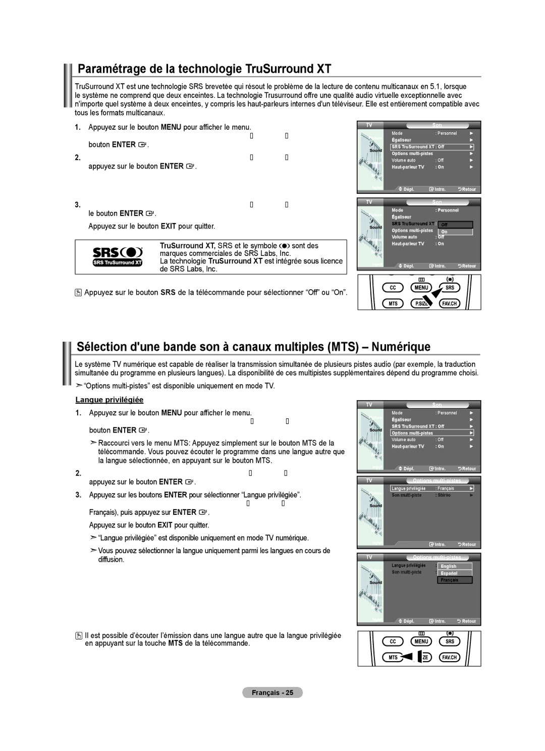 Samsung BN68-01797A-00 user manual Paramétrage de la technologie TruSurround XT, Langue privilégiée, TVSon 