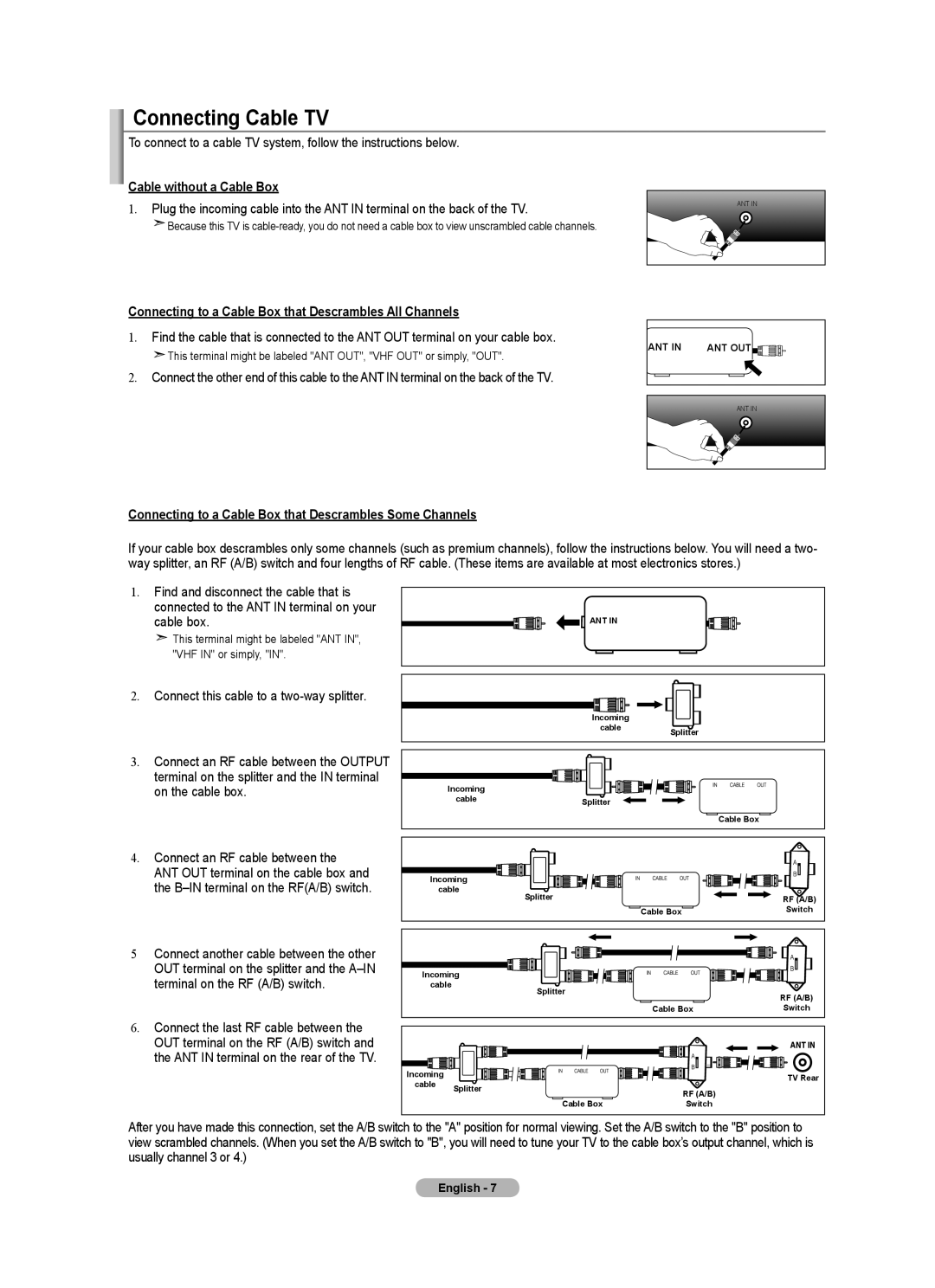 Samsung BN68-01797A-00 user manual Connecting Cable TV, Cable without a Cable Box, Connect this cable to a two-way splitter 