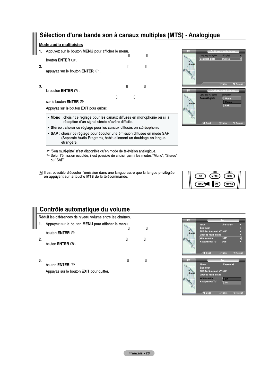 Samsung BN68-01797A-00 Sélection dune bande son à canaux multiples MTS Analogique, Contrôle automatique du volume 