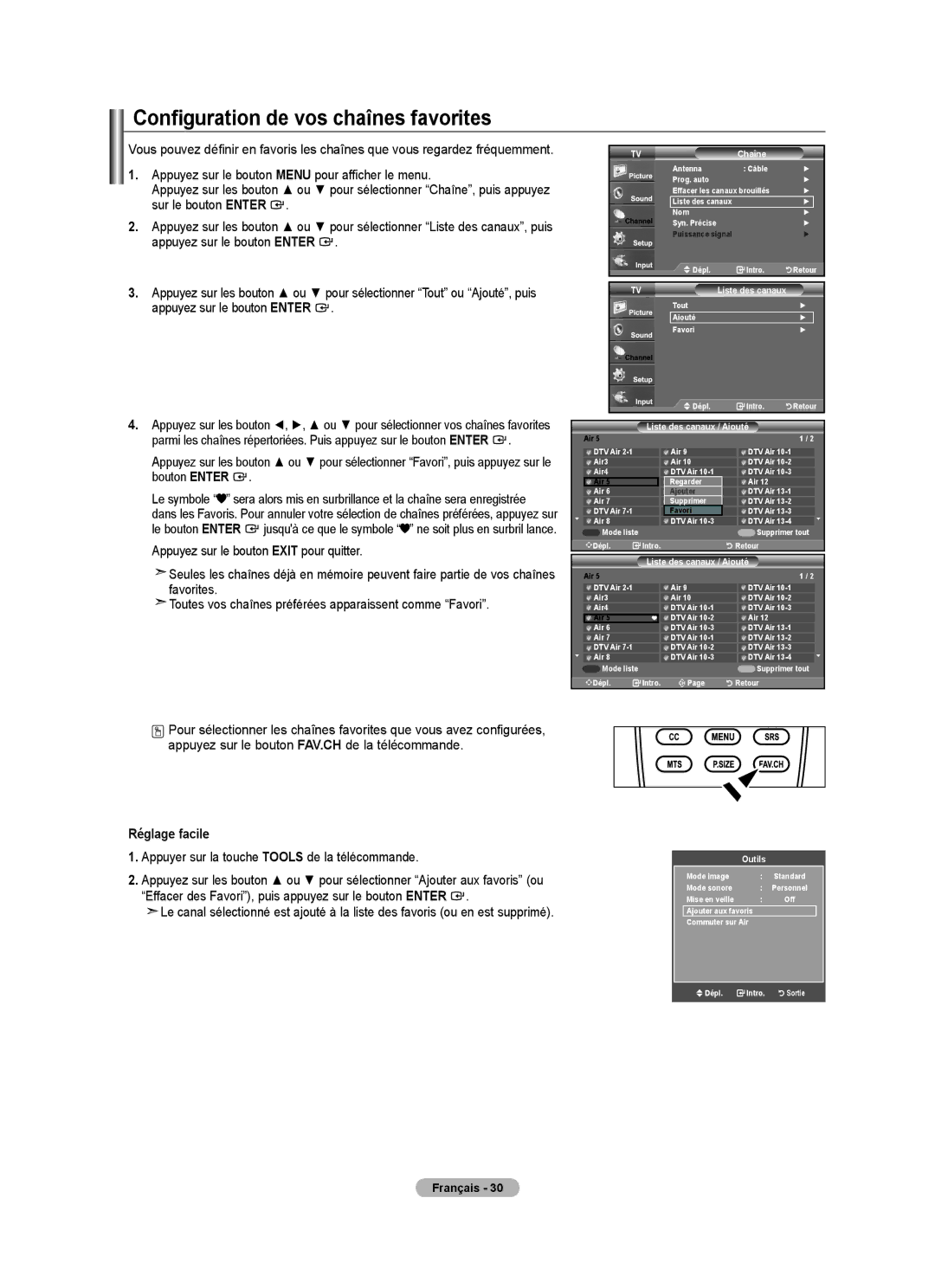 Samsung BN68-01797A-00 user manual Configuration de vos chaînes favorites, Liste des canaux / Aiouté 