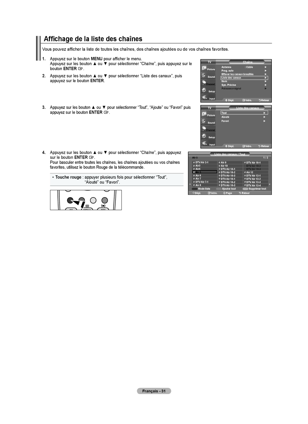 Samsung BN68-01797A-00 user manual Affichage de la liste des chaînes 