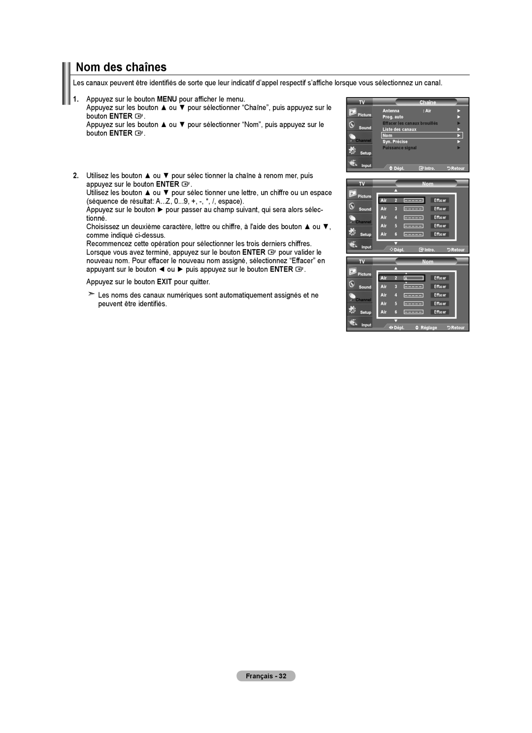 Samsung BN68-01797A-00 user manual Nom des chaînes 