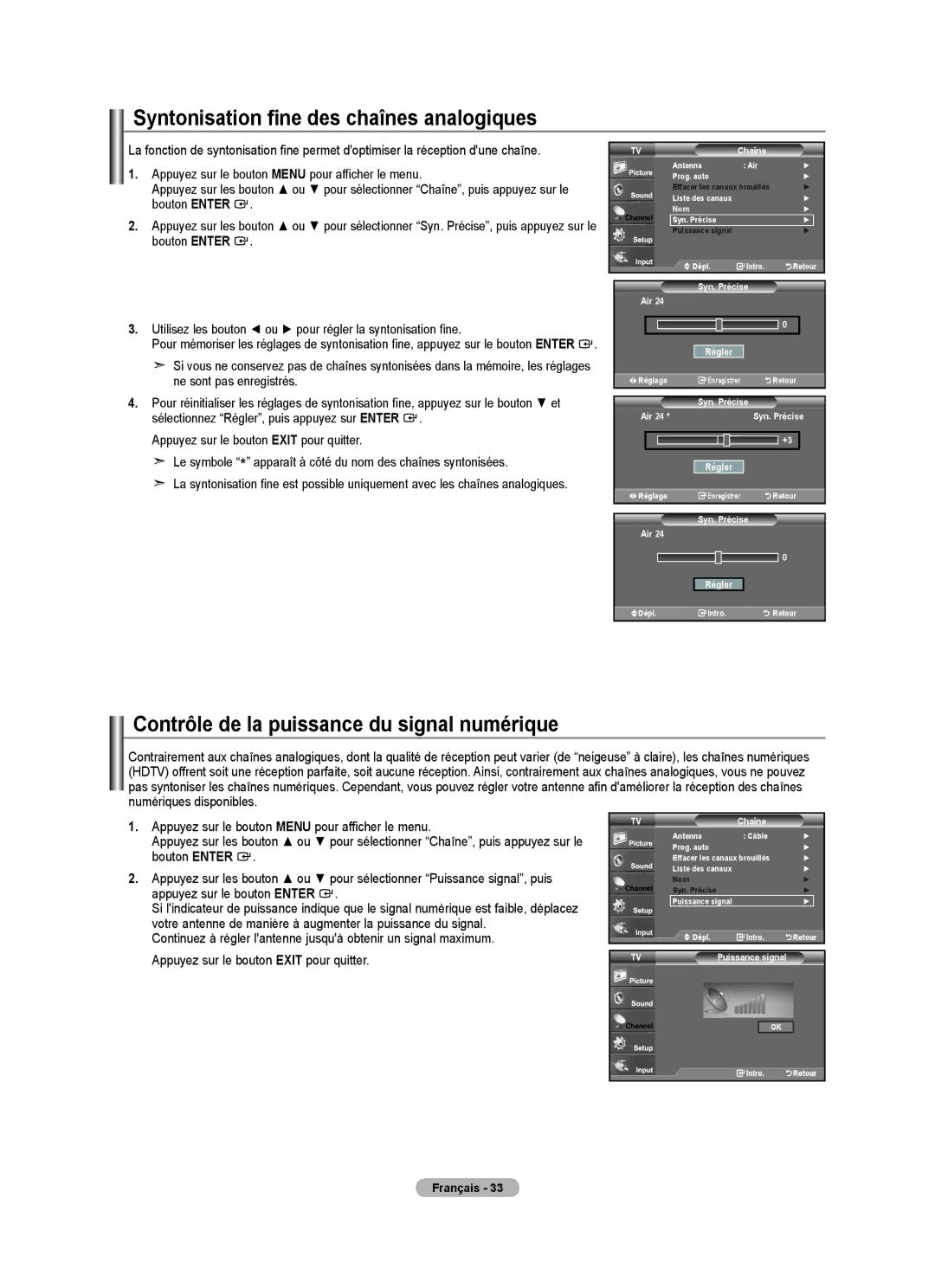 Samsung BN68-01797A-00 user manual Syntonisation fine des chaînes analogiques, Contrôle de la puissance du signal numérique 