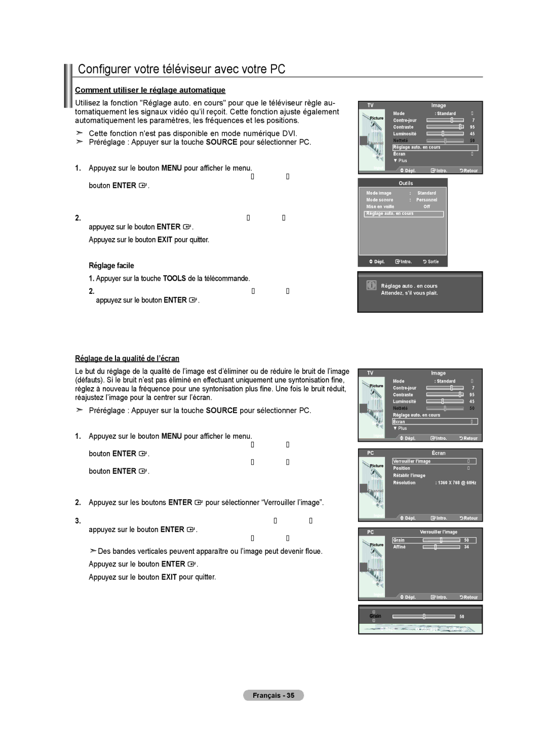 Samsung BN68-01797A-00 Configurer votre téléviseur avec votre PC, Comment utiliser le réglage automatique, Écran 