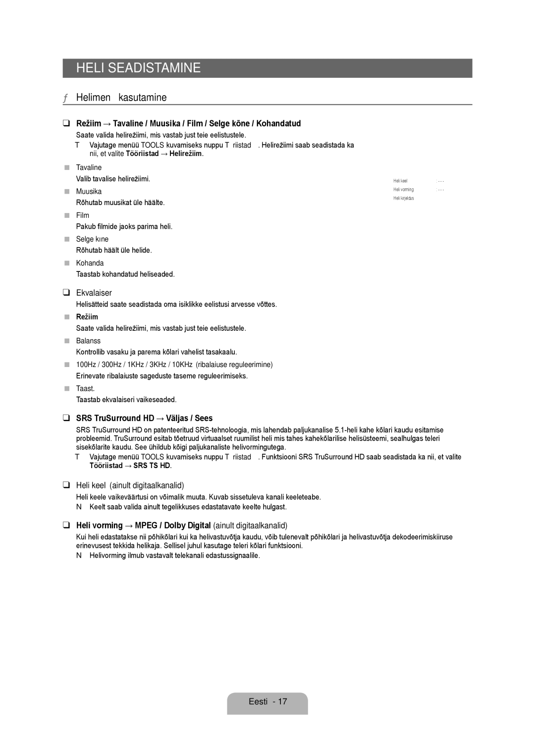 Samsung BN68-01899D-00 user manual Heli Seadistamine, Helimenüü kasutamine 