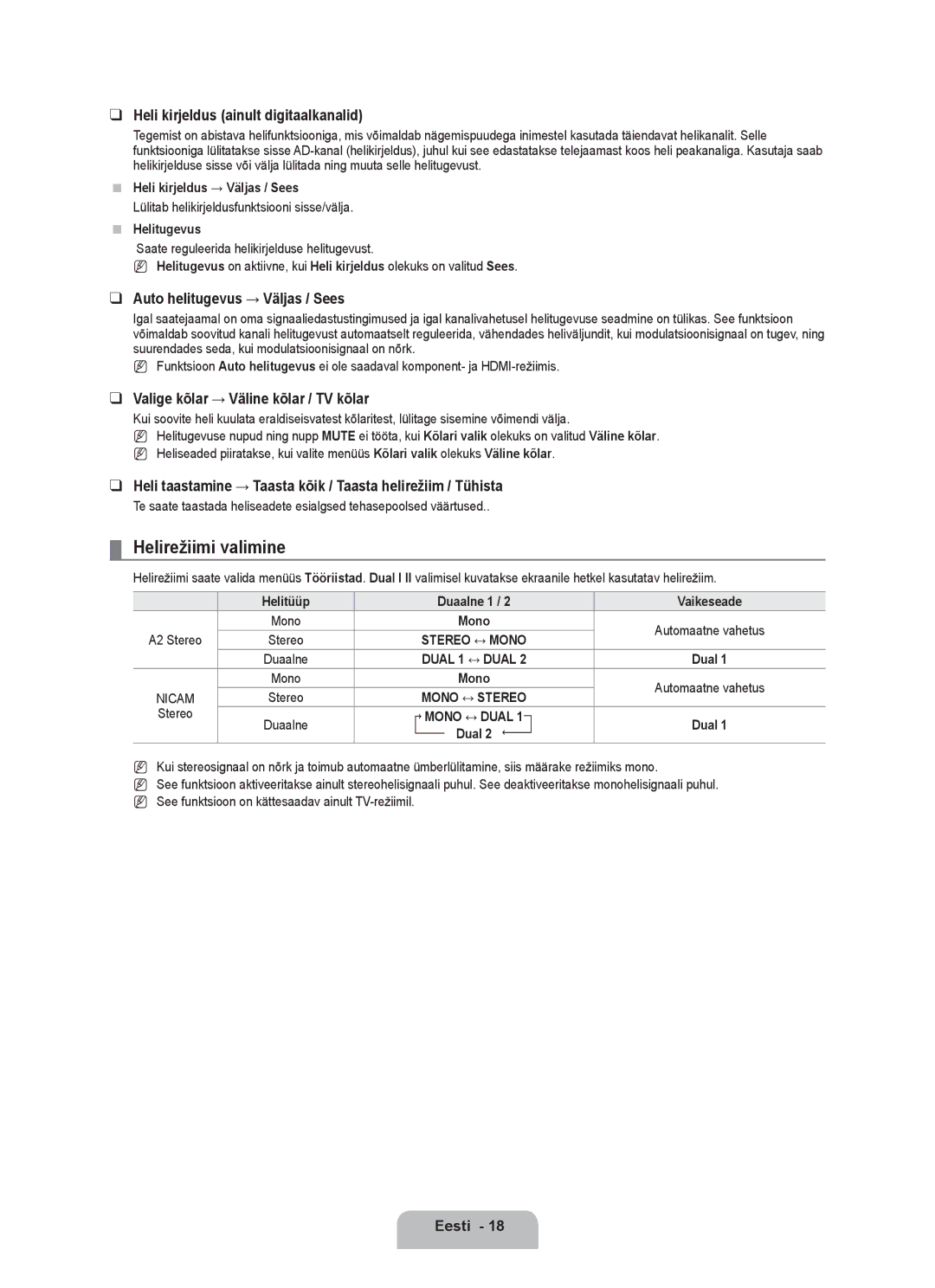 Samsung BN68-01899D-00 Helirežiimi valimine, Heli kirjeldus ainult digitaalkanalid, Auto helitugevus → Väljas / Sees 